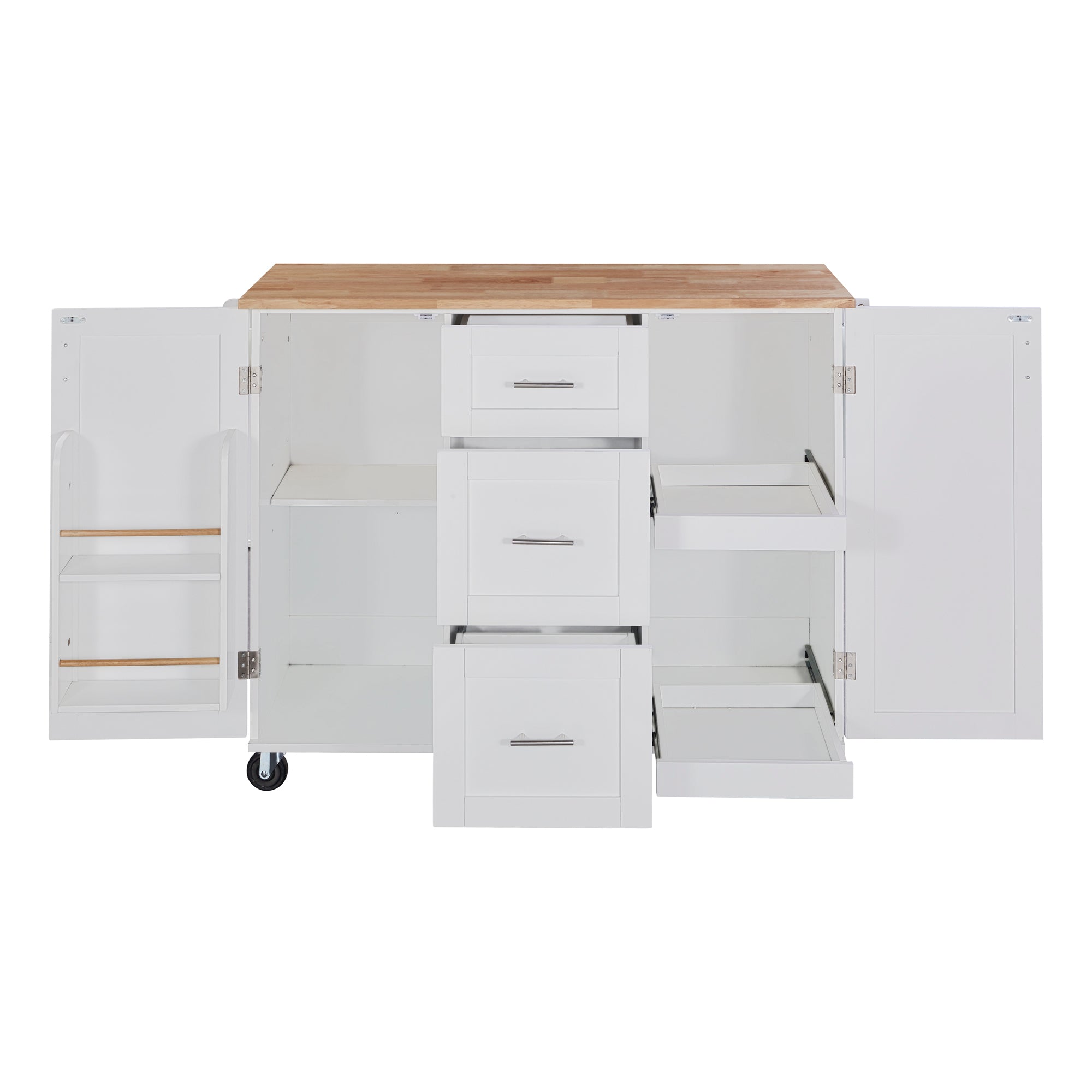 K&K Rolling Kitchen Island with Storage, 3 Drawer, 2 Slide-Out Shelf and Internal Storage Rack, White