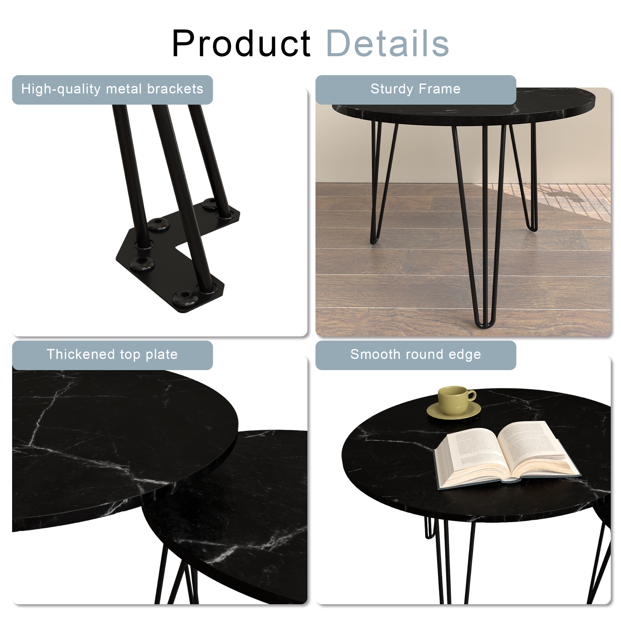 27.56'' Round Nesting Coffee Table Set of 2, Circular Nesting End Table Set, Round Marble Tabletop, and Sturdy Metal Base for Living Room, bedroom, Black