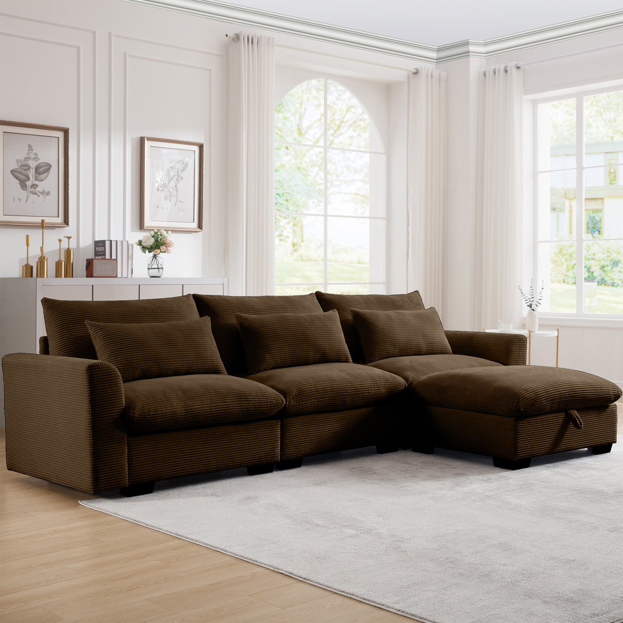 Corduroy Sectional Sofa,  L Shaped Couch with Storage Footstool and 3 Pillow, Sectional Couch for Living Room Apartment, Brown