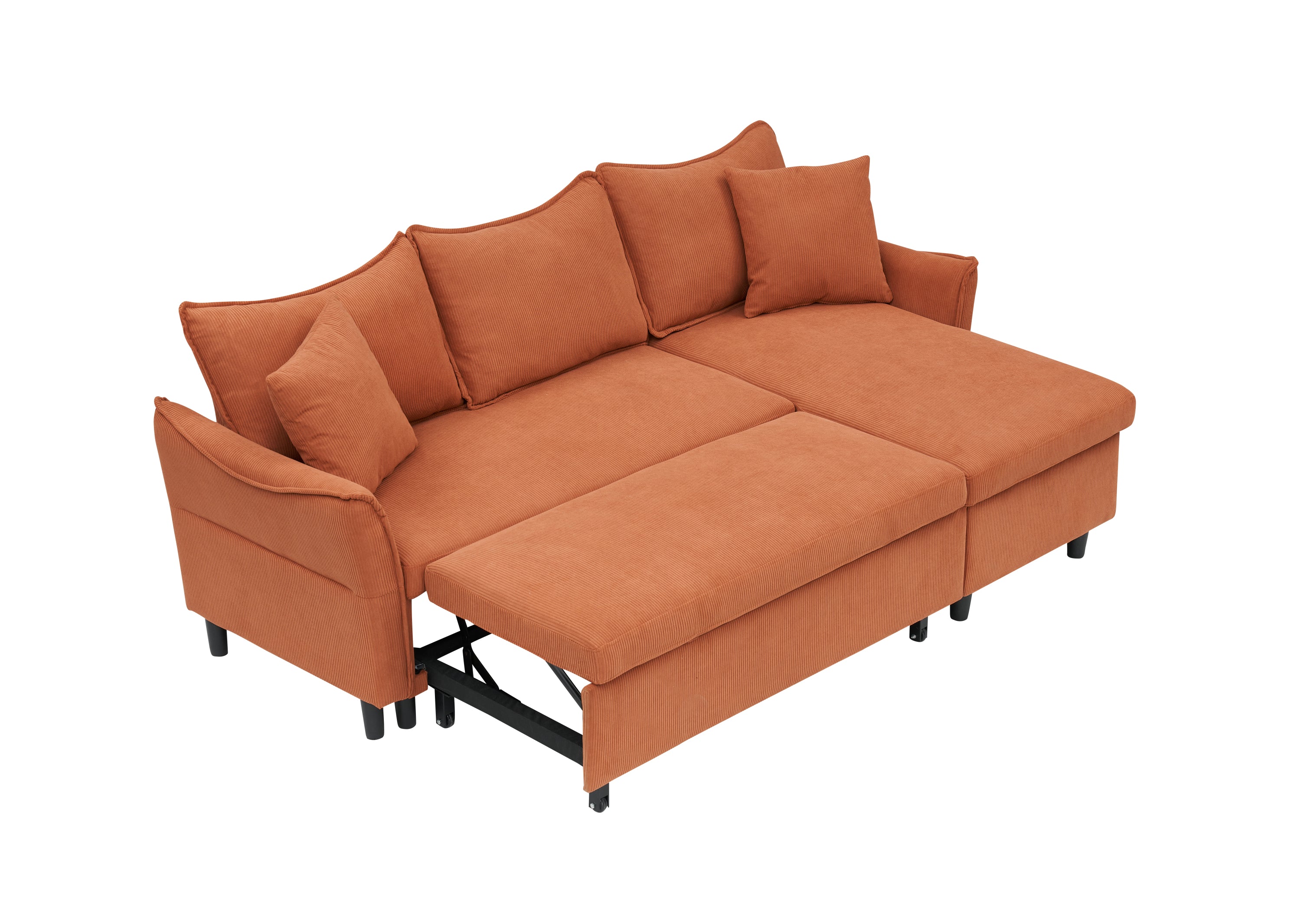 80" Orange Corduroy 3-Seater Sofa Bed With Two Small Pillows - Pull-Out Sofa With Storage For Living Room