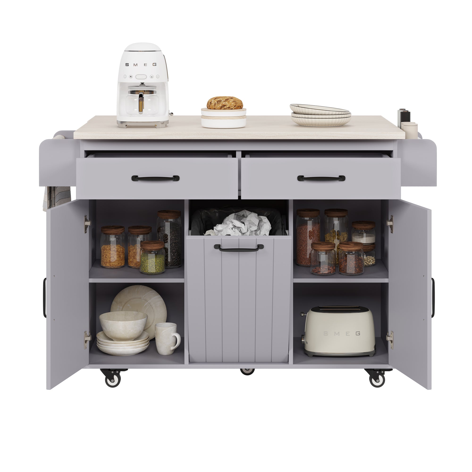 K&K Kitchen Island with Trash Can Storage Cabinet - Rolling Kitchen Island on Wheels with Adjustable Shelf, Grey