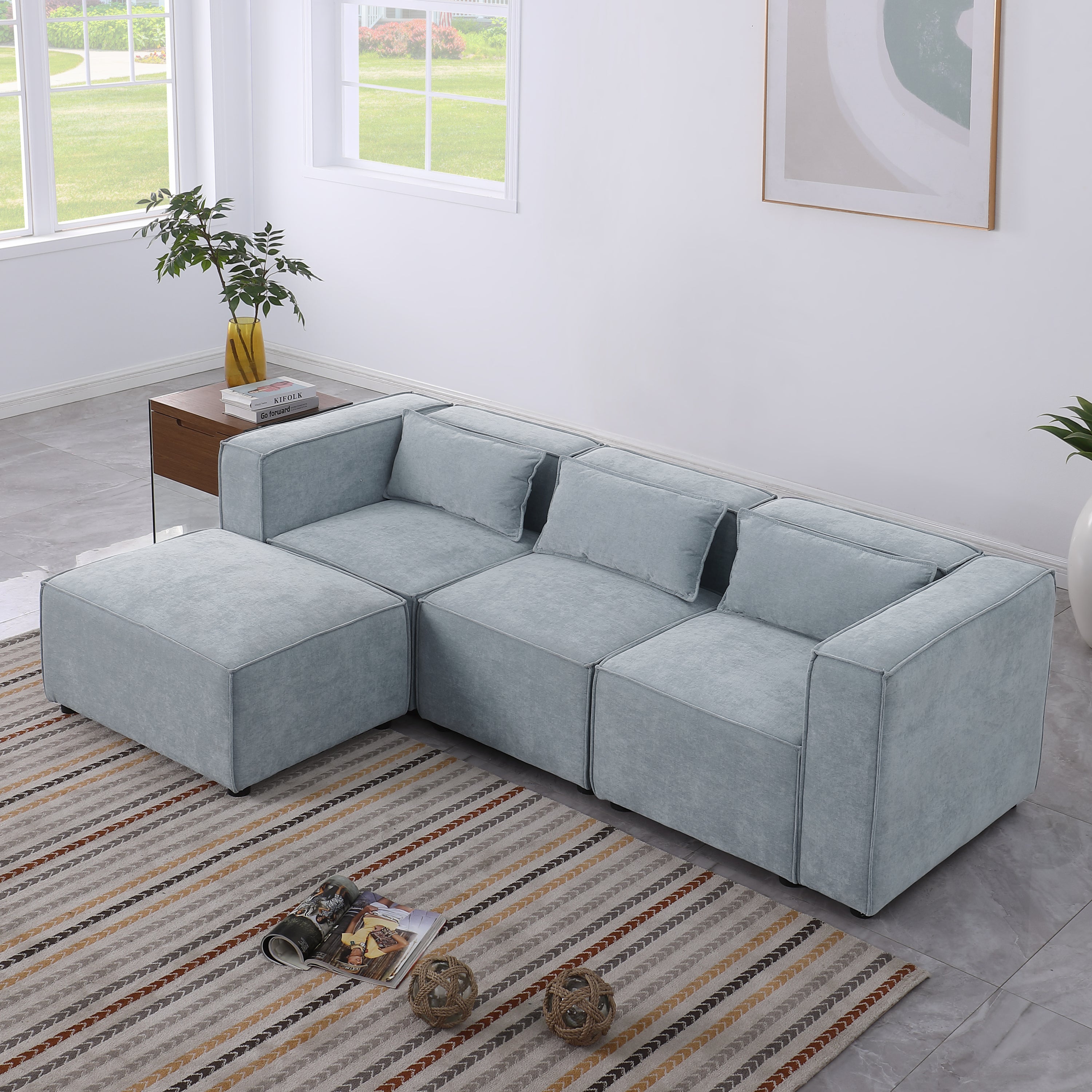 modular sofa Grayish blue  chenille fabric,  simple and grand, the seat and back is very soft. this is also a KNOCK DOWN sofa