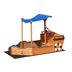 Wooden Pirate Ship Sandbox with Cover & Storage Bench for Kids