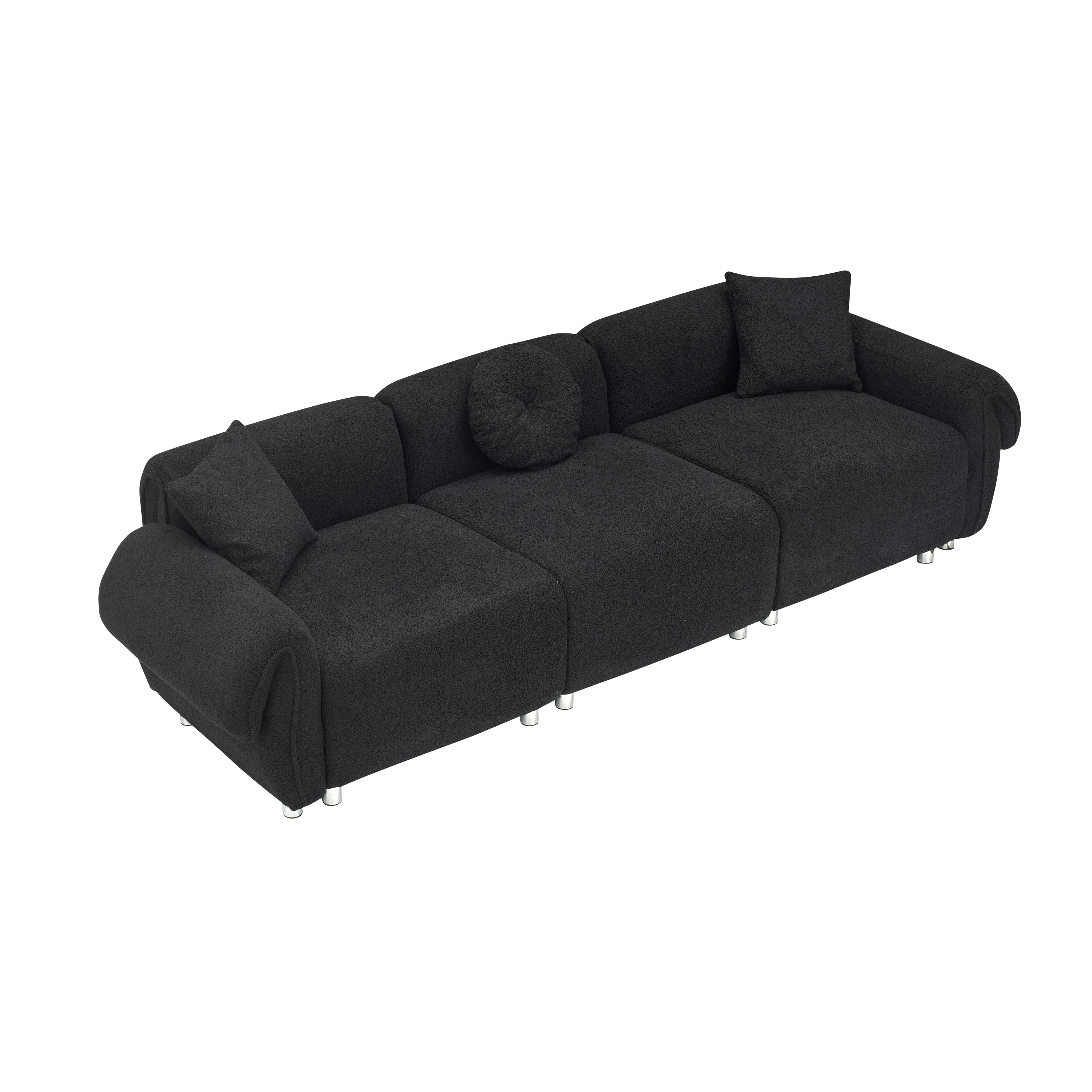 112 inch black teddy velvet fabric, with 3 pillows, three sofa can be placed in the living room and other scenes black teddy velvet fabric, with 3 pillows, three sofa can be placed in the living room