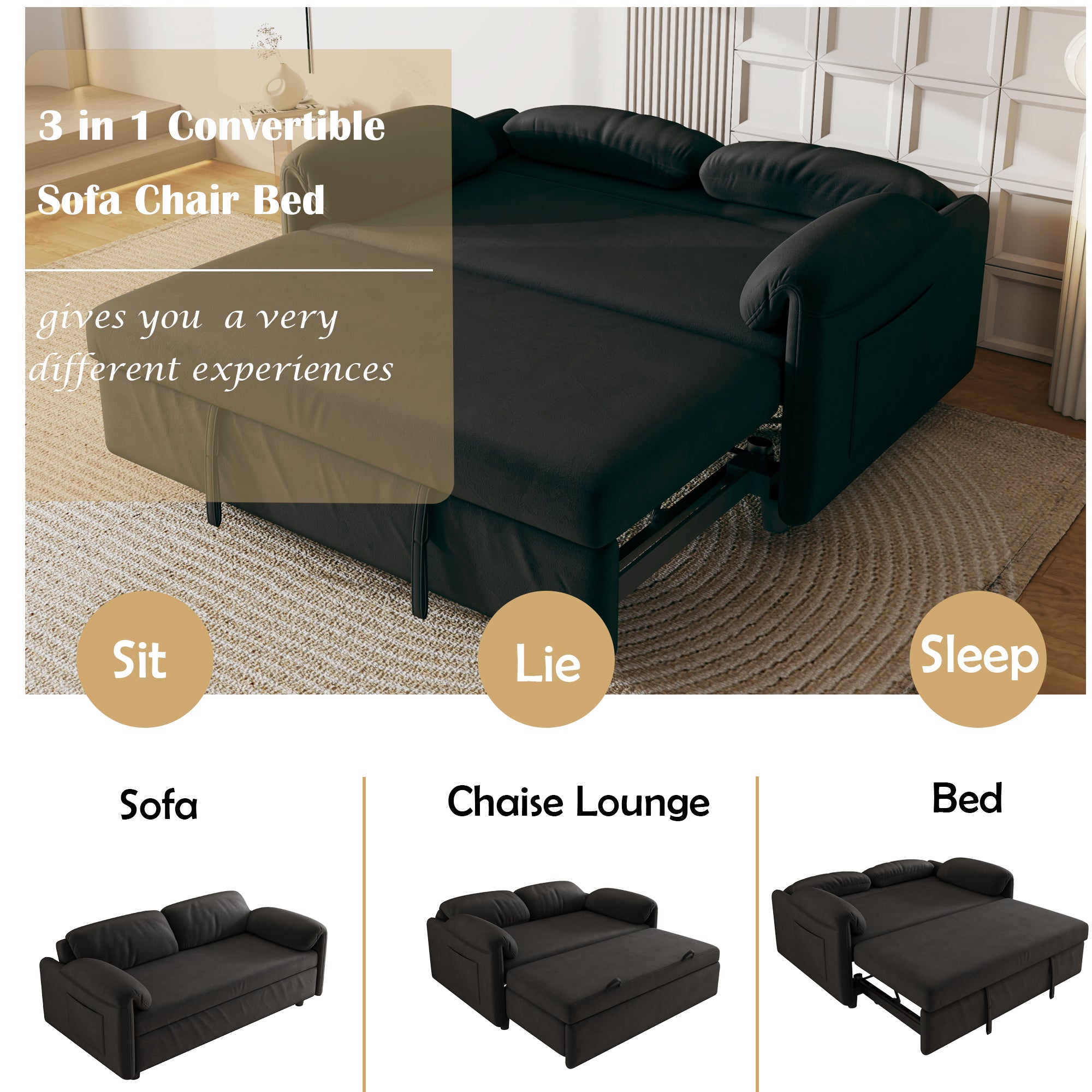 54" Black Velvet Sofa Bed - Modern Pull-Out Sofa for Small Living Room