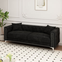 Luxurious 83" Black Velvet 3-Seater Sofa with 2 Pillows - Perfect Design for Living Room