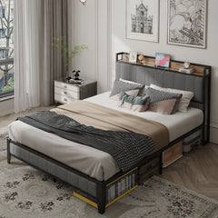 Full Size Bed Frame with Charging Station, Upholstered Headboard, Metal Platform, Grey