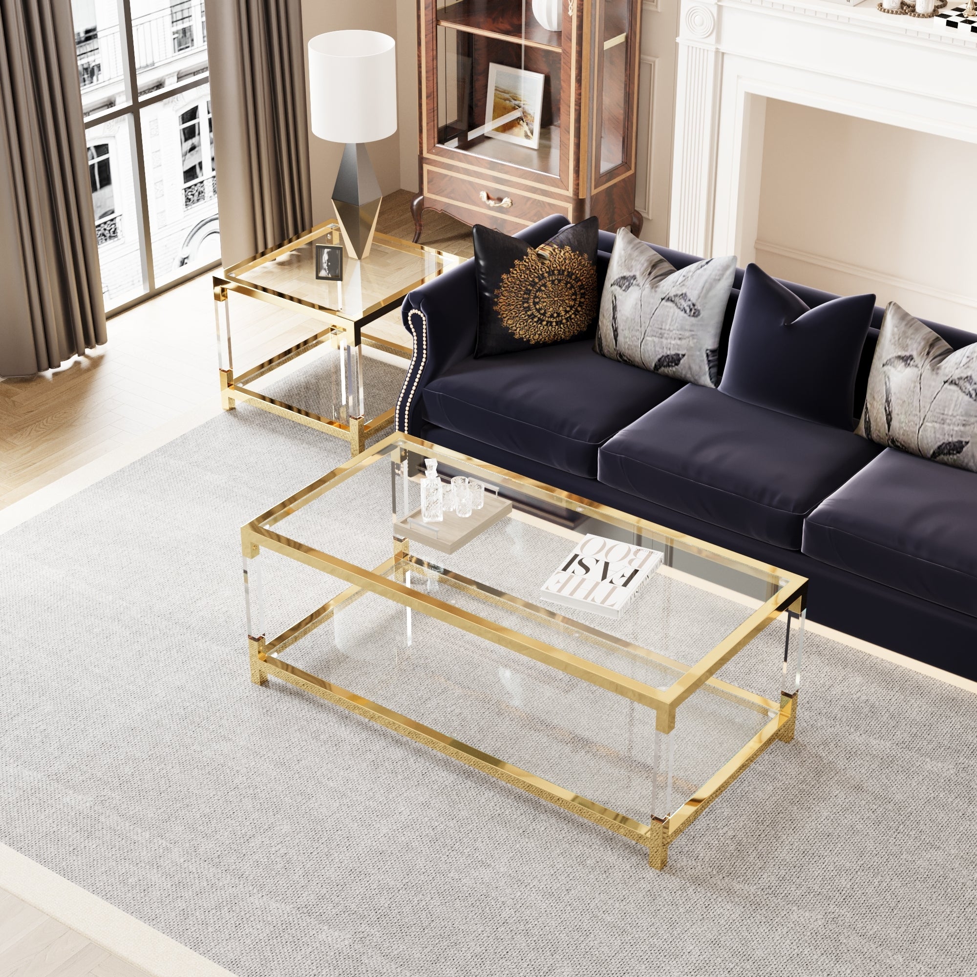 Modern minimalist living room furniture set, stylish transparent acrylic leg coffee table, square edge table, tempered glass face tea table combination gold end table