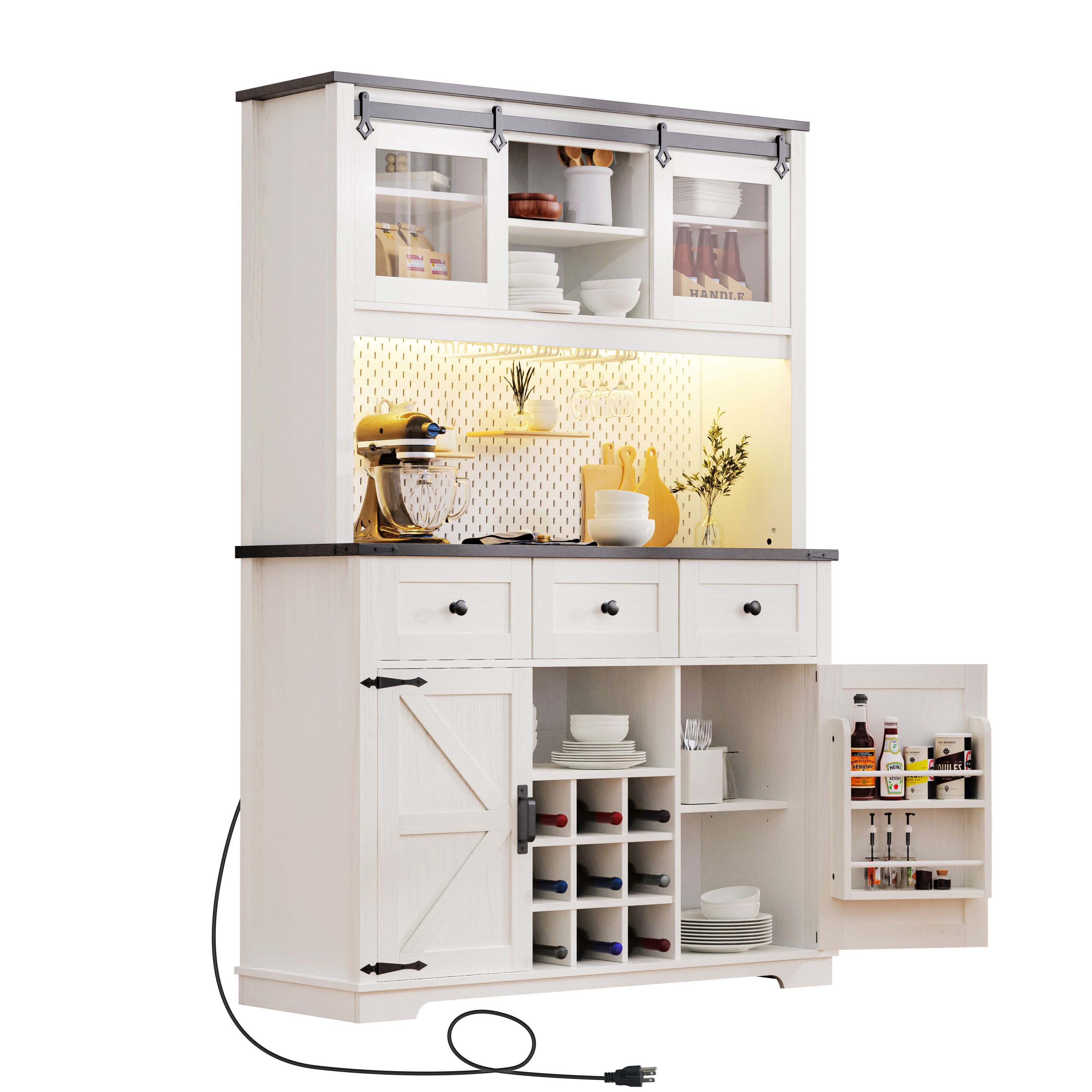 K&K 71" Kitchen Island with Hutch, Sliding Door, Pegboard, Wine & Glasses Rack, Rustic Coffee Bar Storage Cabinet, White