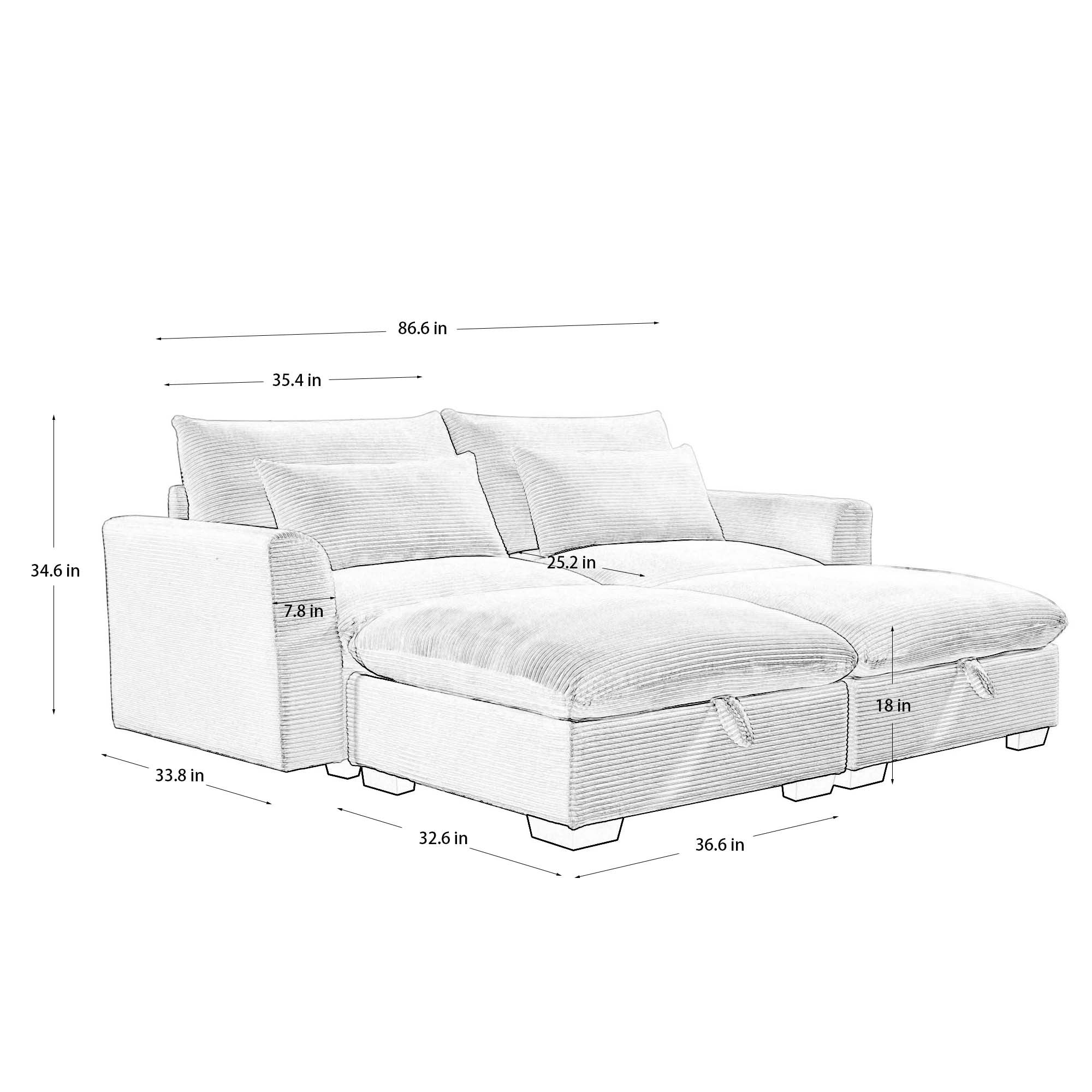 Corduroy Two-Seater Sofa with 2 Storage Footrest, 2 Seater Sectional  deep seat sofa,Comfy Couches for Living Room ,Beige Sofa