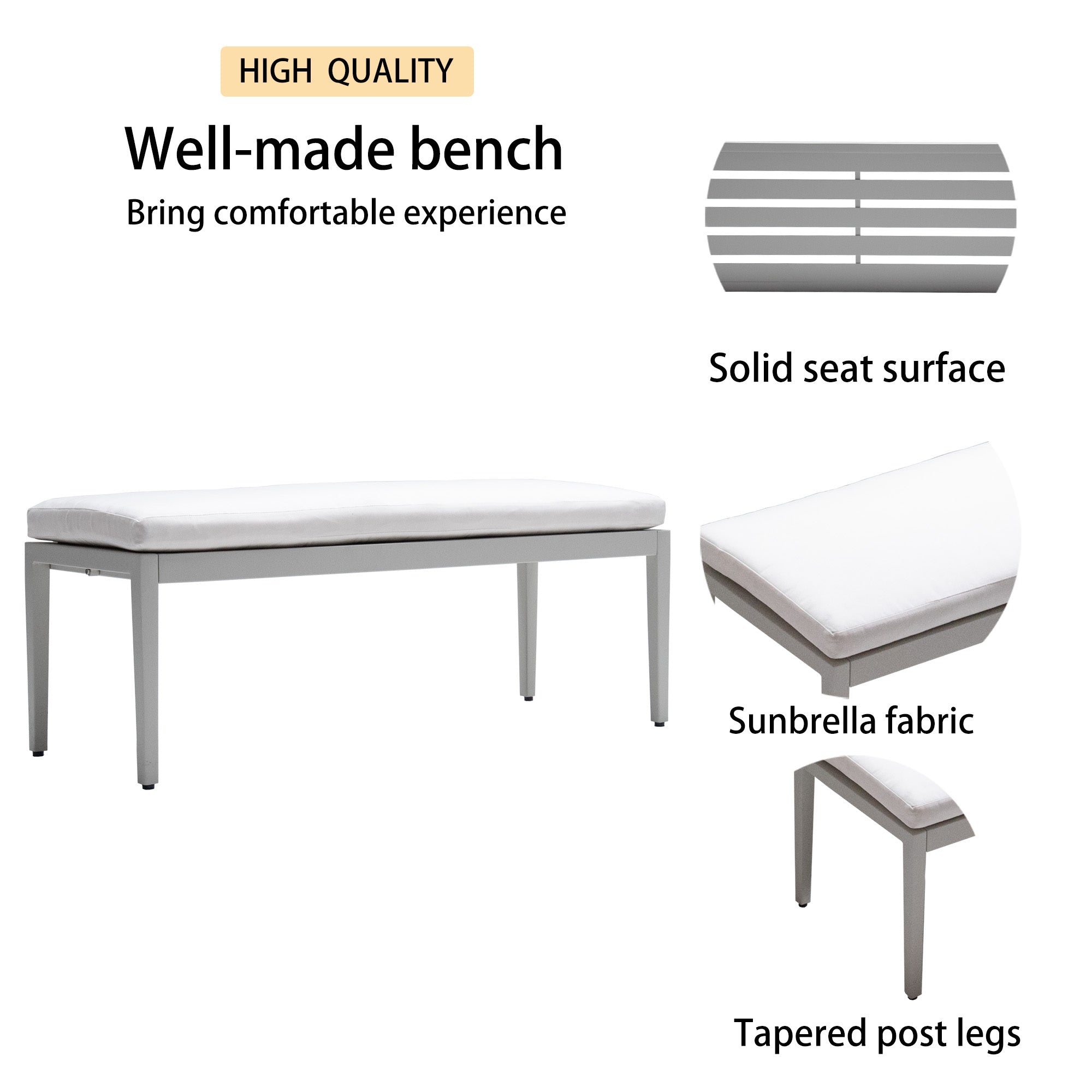 Outdoor Patio Aluminum Stationary Bench With Sunbrella Fabric Cushion , Grayish