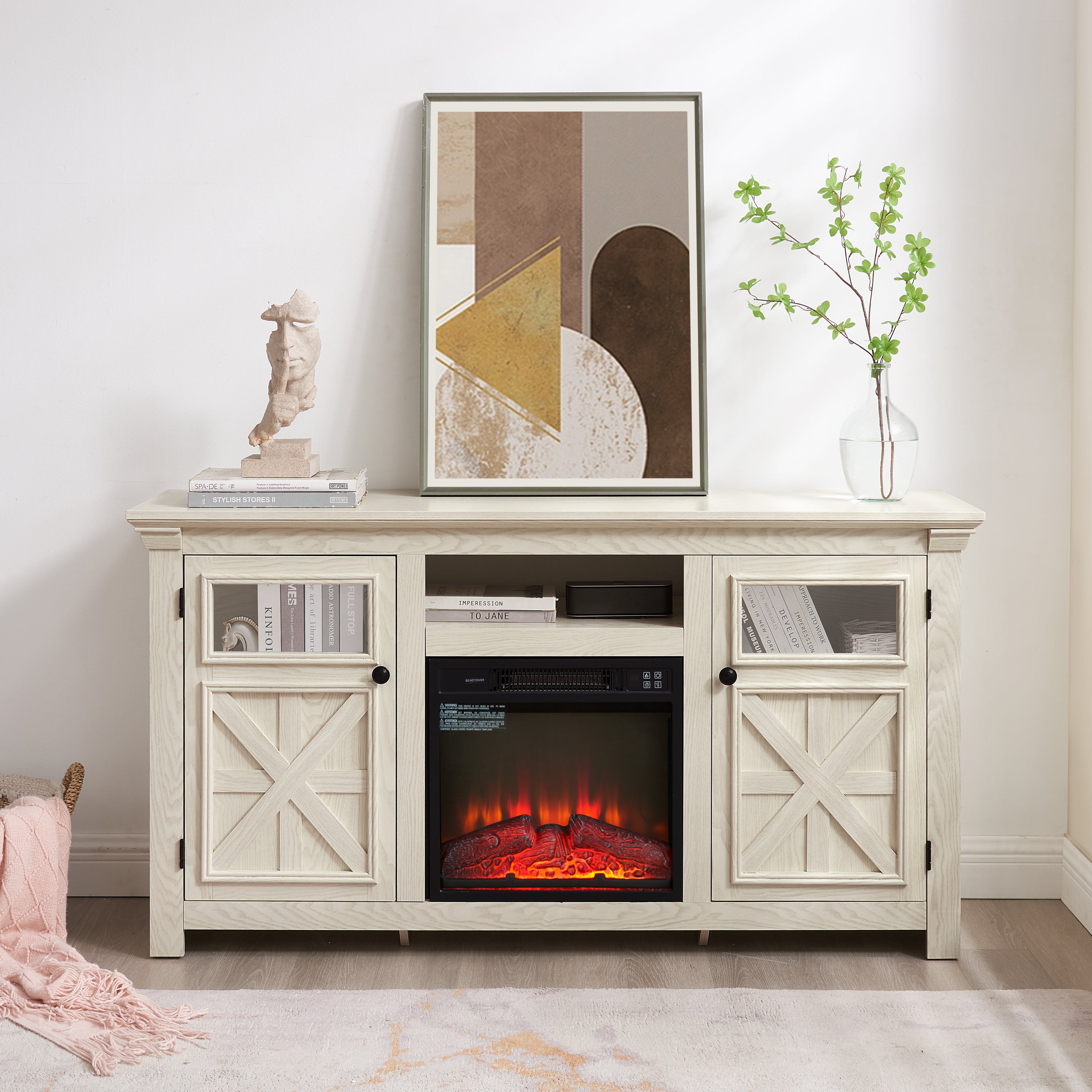 Farmhouse TV Stand with 2 Doors, Barn Design, Large Media Console with 18" Electric Fireplace Insert, WHITE