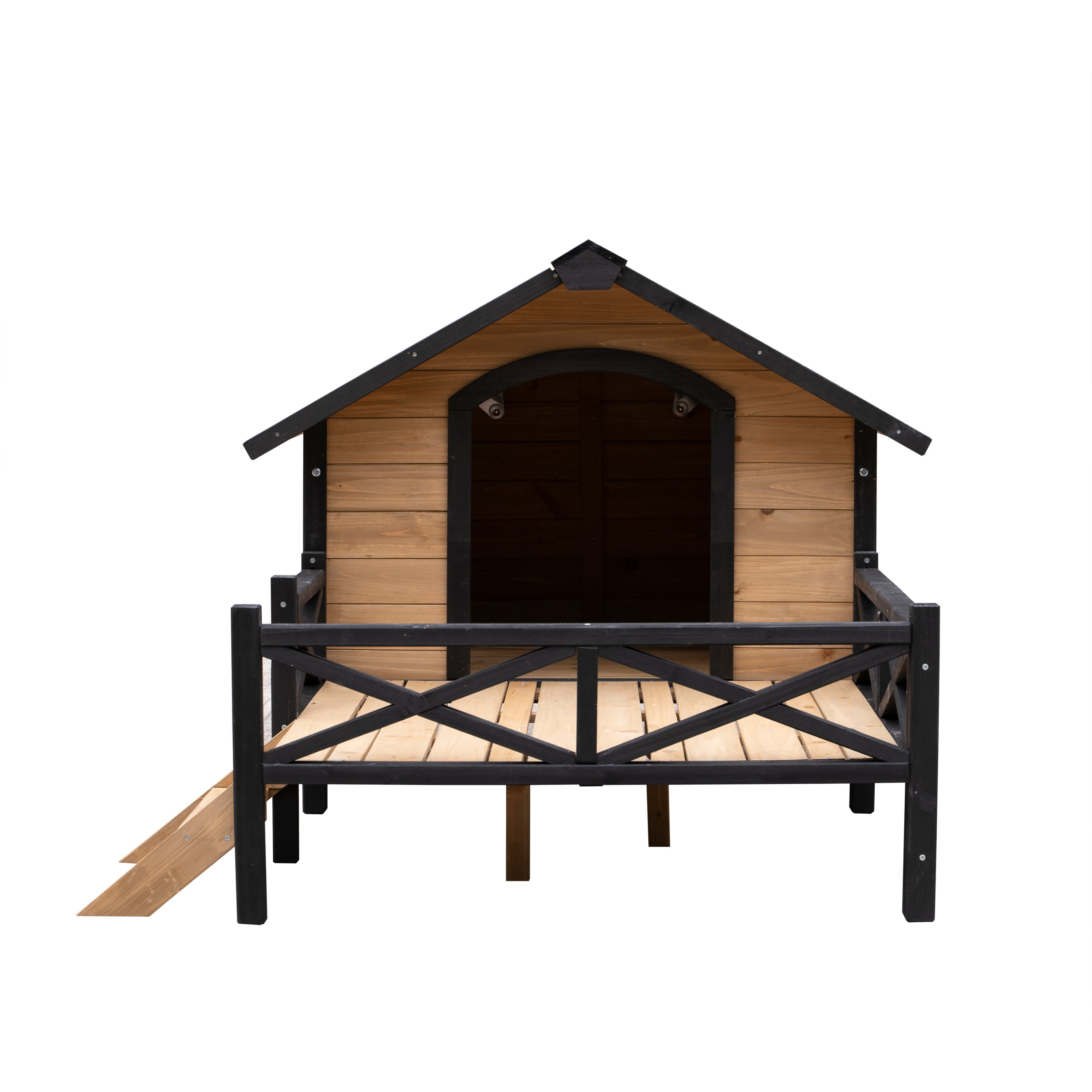 Large Wooden Dog Kennel with Porch, Outdoor Cabin House for Medium & Large Dogs
