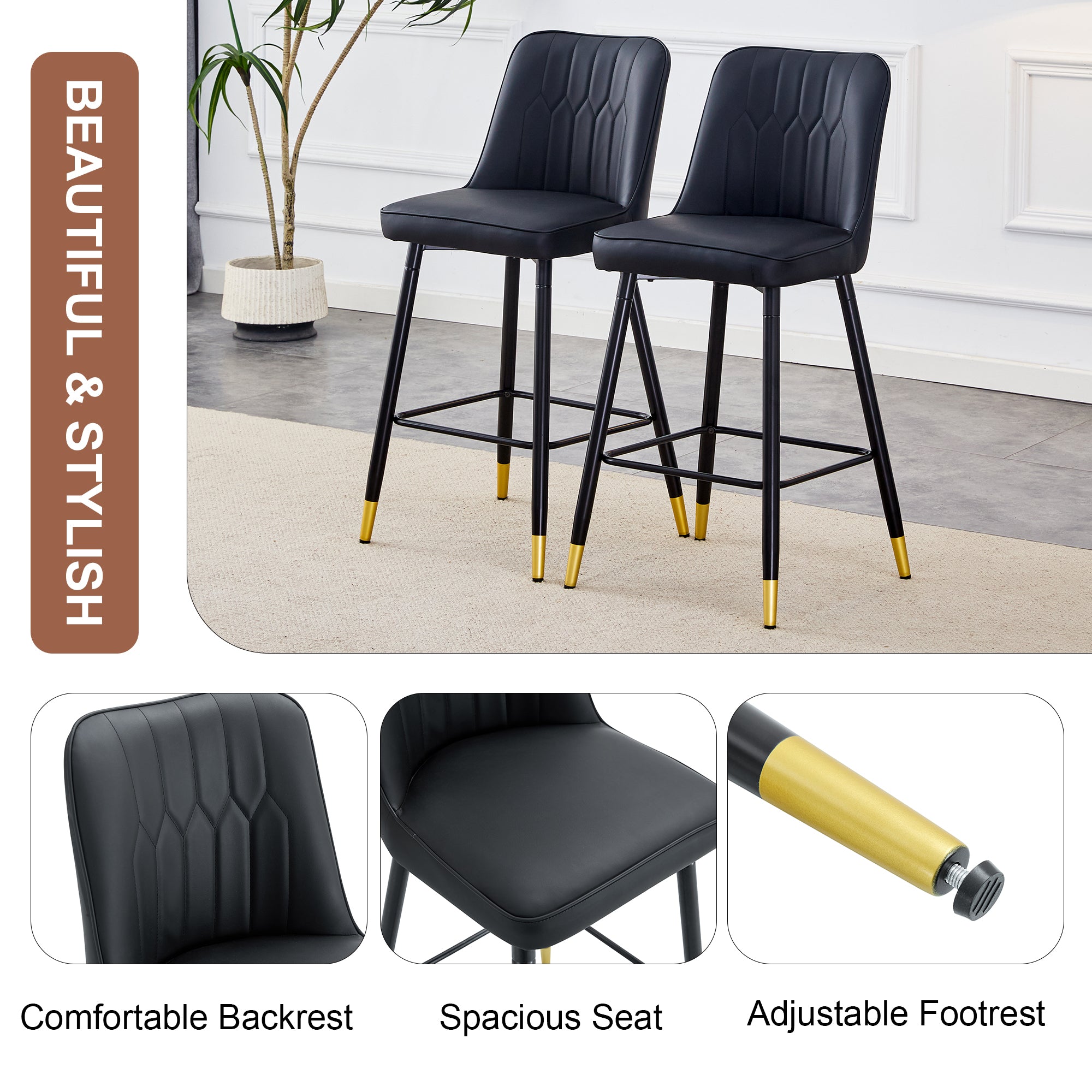 Modern Black PU Bar Stool - Set of 2 chairs with Comfortable Resting Beam