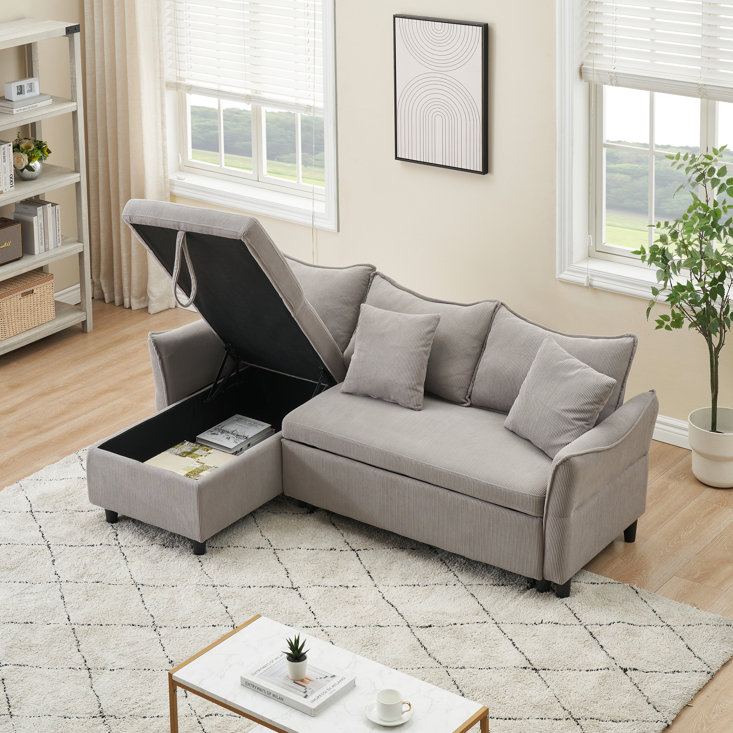 Modern 80" Gray Corduroy Sofa Bed With Two Small Pillows - 3-Seater Pull-Out Sofa With Storage