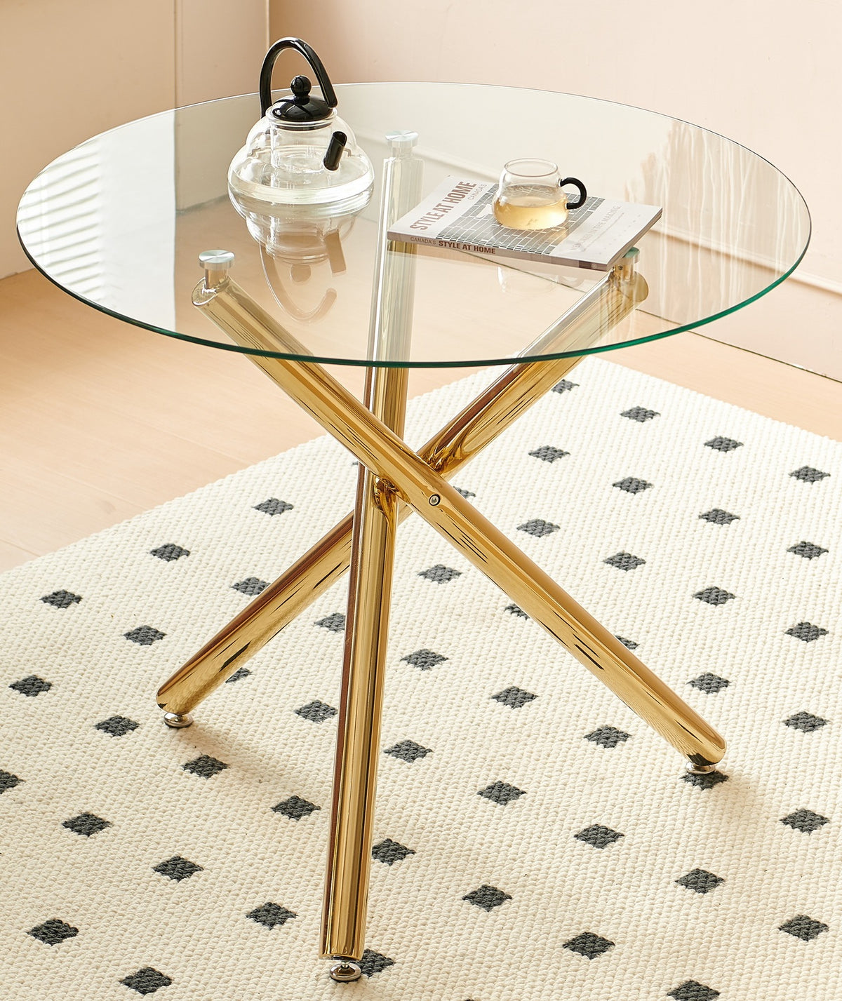 Golden Dining Table with metal leg and glass,Modern Space Saving Kitchen Table for Living Room