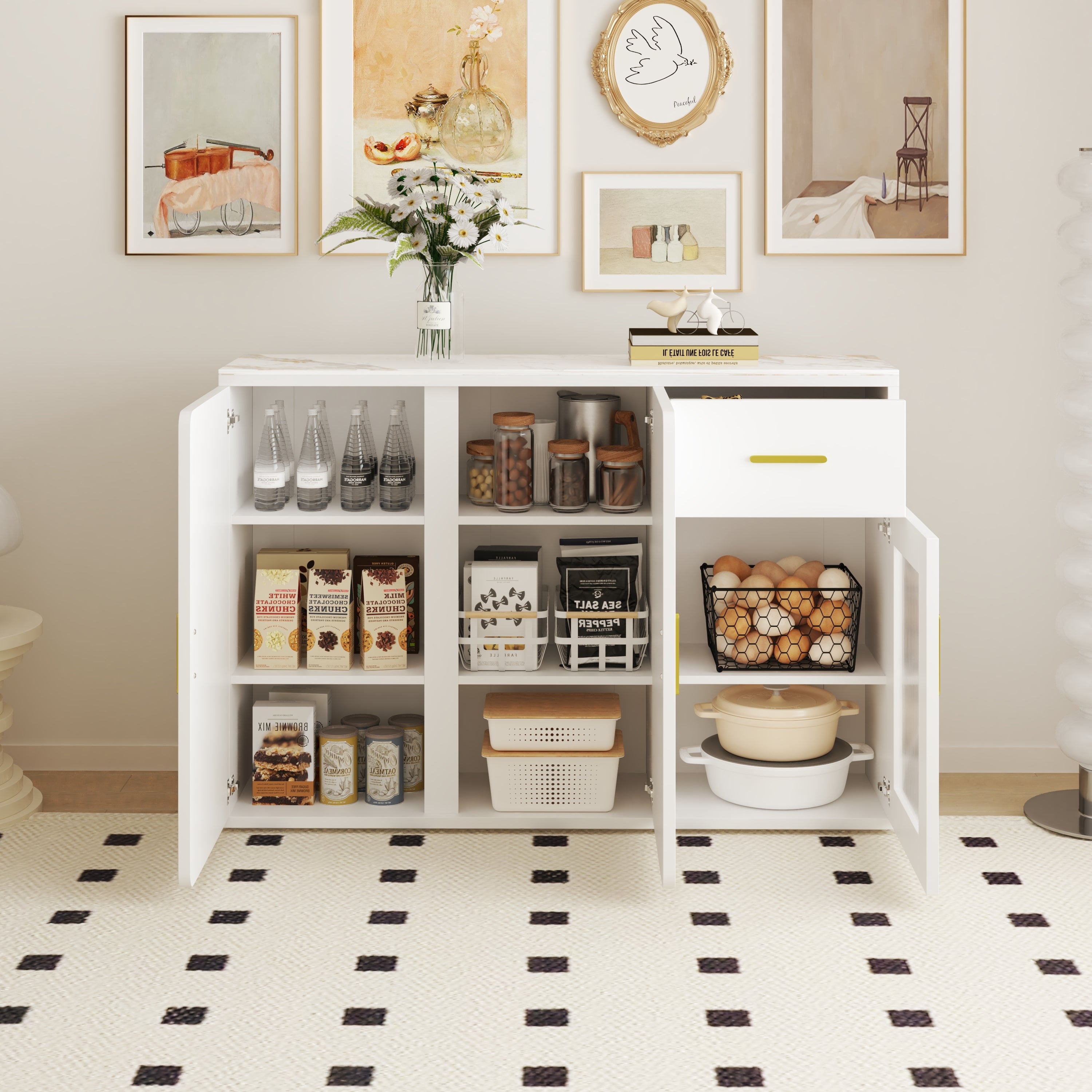 Modern White Buffet with Storage Doors & Drawer Sideboard for Kitchen