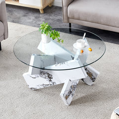 Modern 33.4" Round Glass Coffee Table with Tempered Glass Top & Cross Legs