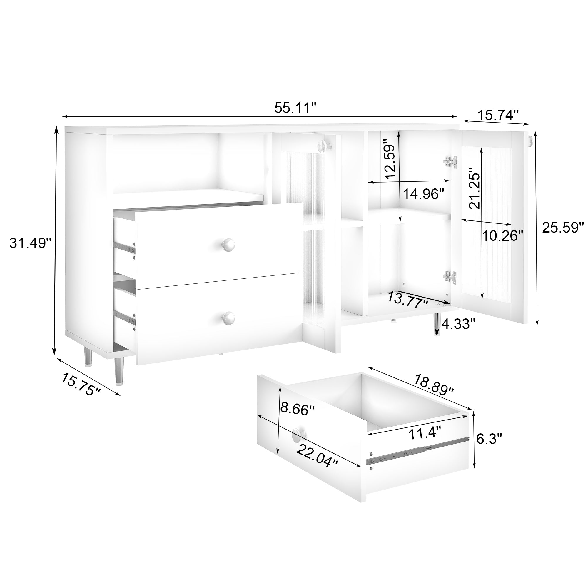 55.1" Brown Sideboard with Glass Doors & Drawers for Storage - Modern Buffet for Dining Room