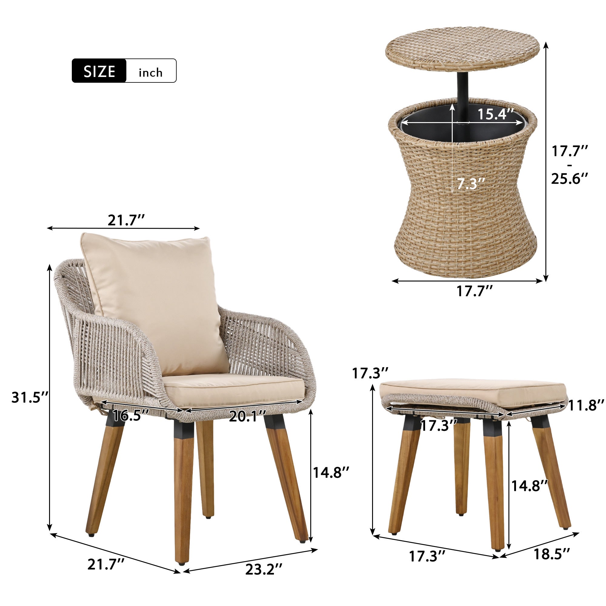K&K Patio Conversation Set - 5 Pieces Wicker Furniture Chairs Set with a Cool Bar Table - Brown