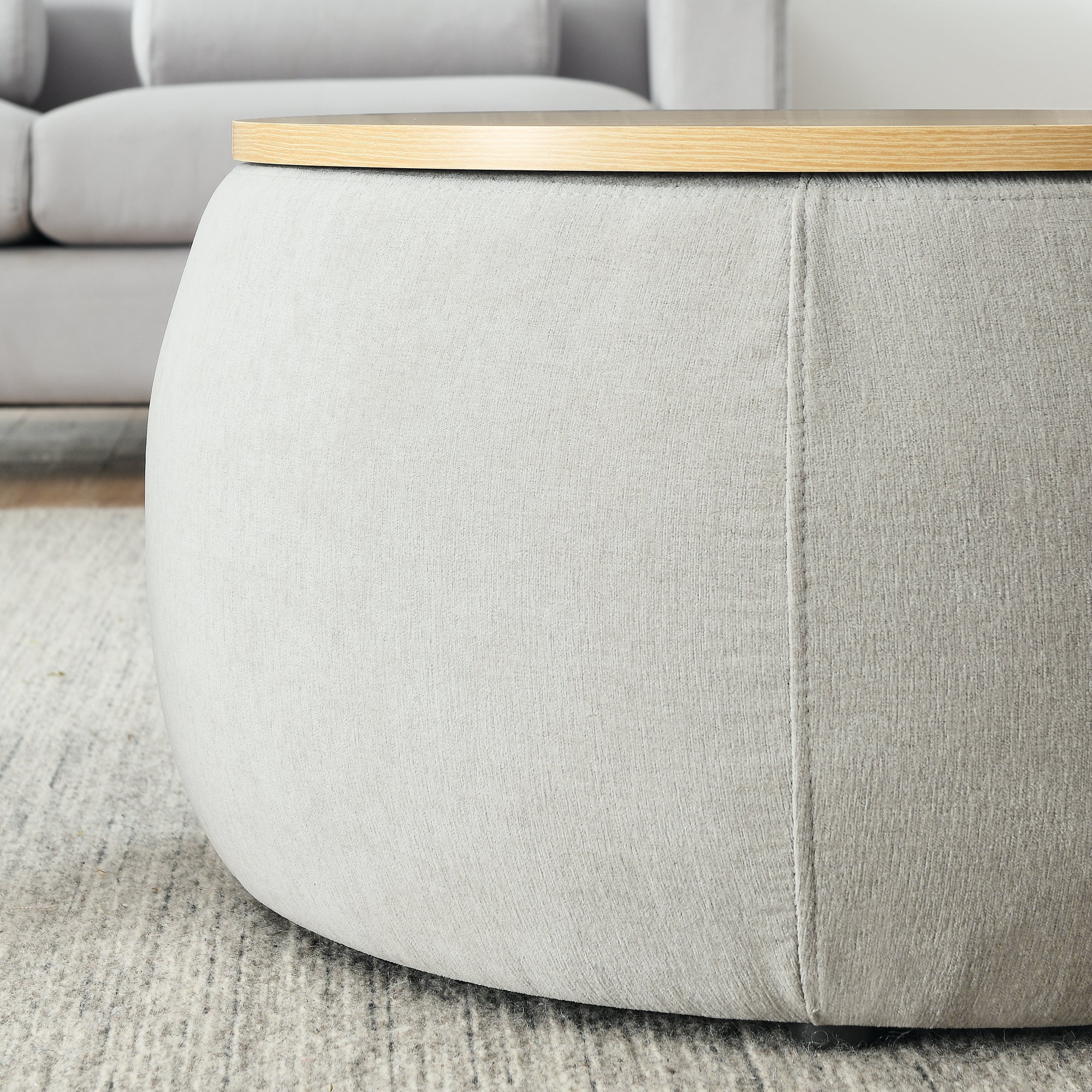 Round Storage Ottoman, 2 in 1 Function, Work as End table and Ottoman,with small seat,Light grey(25"x25"x14.7")