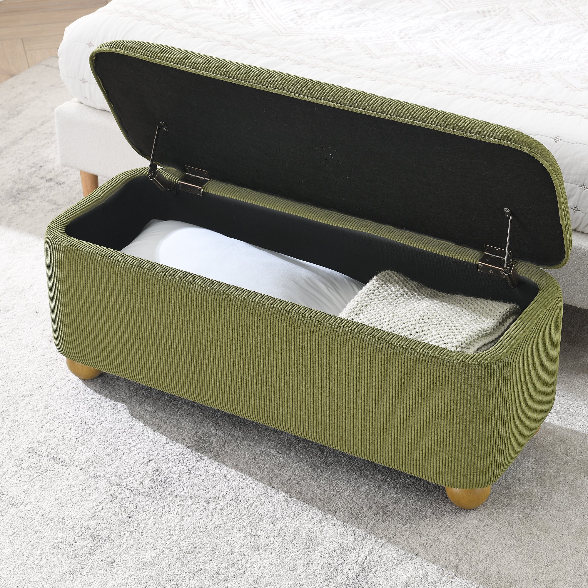 Flannelette Fabric Storage Ottoman bench, cushioned bed end Ottoman bench with storage and seat, suitable for bedrooms, living rooms, and entrance passages-GREEN(41.73"*15.55"*17.71")