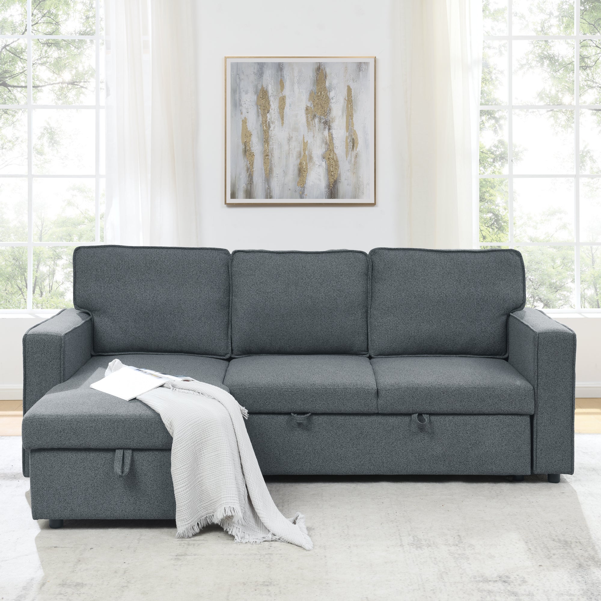 Linen Upholstered Sleeper Sectional Sofa, Shaped Modular Convertible Sofa with Storage Chaise,There are two cup holders in the middle and USB multi-interface function,Pull Out Sleep Couch Bed ,Grey