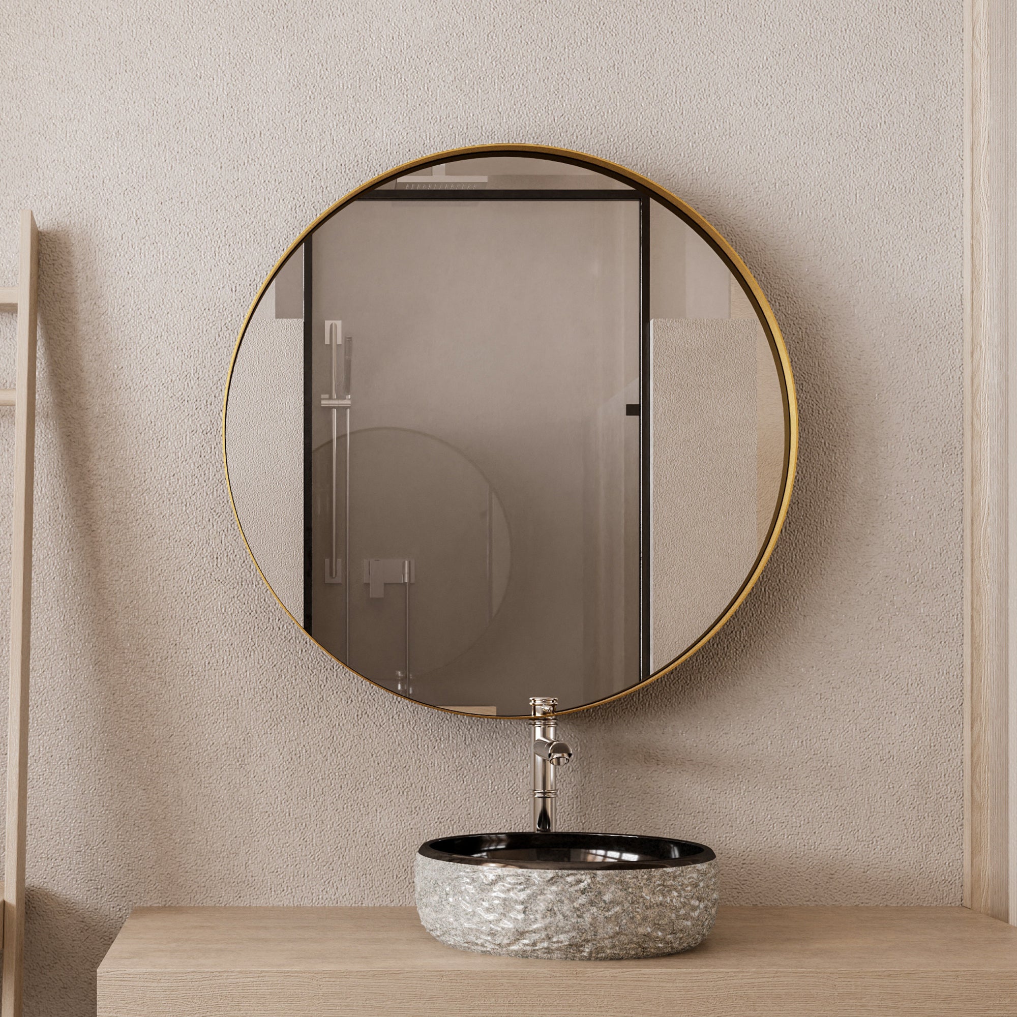 31.5 Inch Surface Mount Round Metal Framed Medicine Cabinet with Mirror and Adjustable Shelves Black Wall Mirror with Storage for Bathroom, Matte Gold