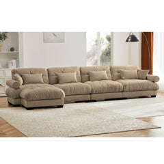 L-Shaped Convertible 4-Seater Cloud Sofa, Modern Velvet with Pillows and Bolstered Armrests,Camel