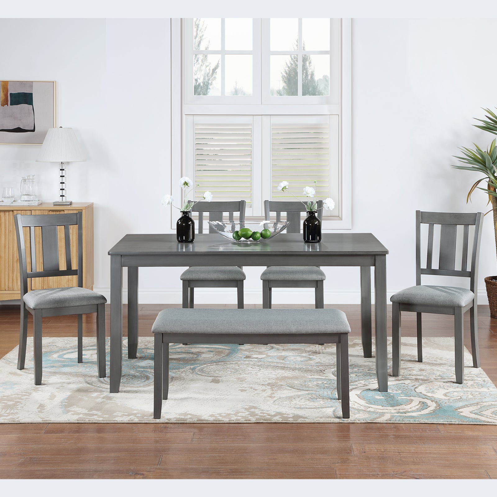 6 Piece Kitchen Dining Set, Rectangular Wooden Dining Table with 4 Upholstered Chairs and a Bench, Dining Table Set for 6 People, Living Room, Home Bar and Kitchen, Gray