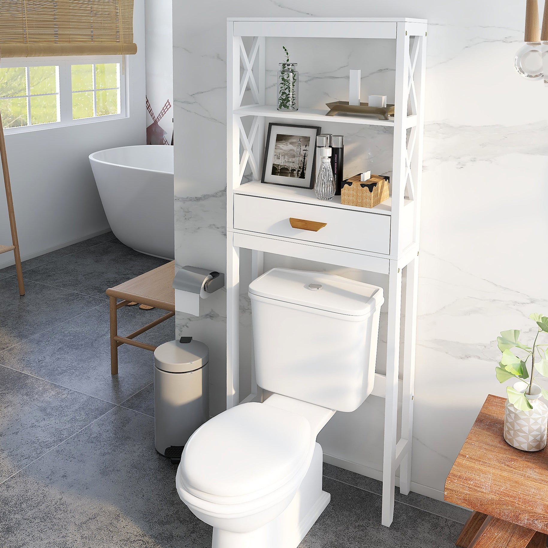 Over-the-Toilet Storage Cabinet White with one Drawer and 2 Shelves Space Saver Bathroom Rack