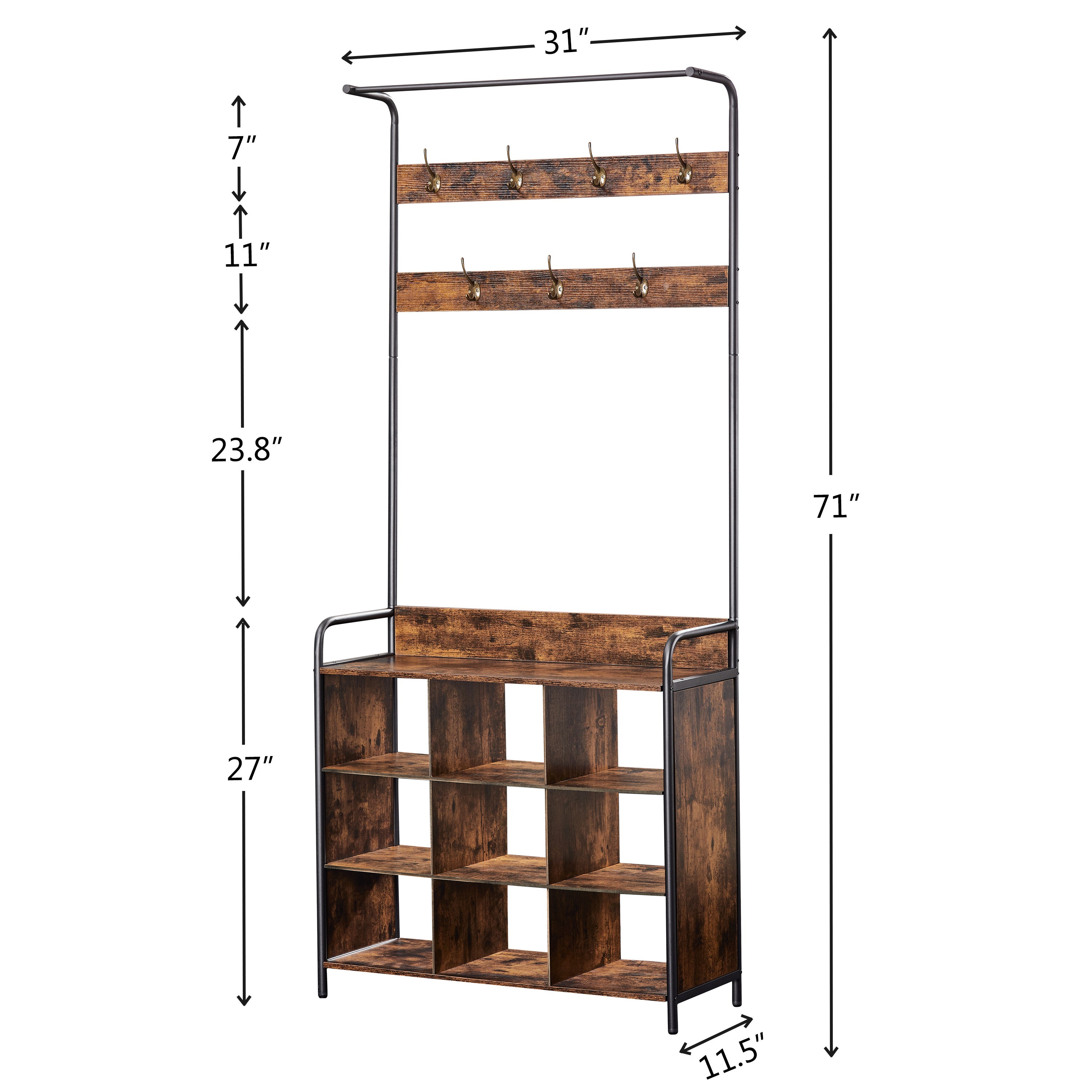 Hall Tree with Shoe Rack, 3-in-1 Entryway Coat Rack with Hooks