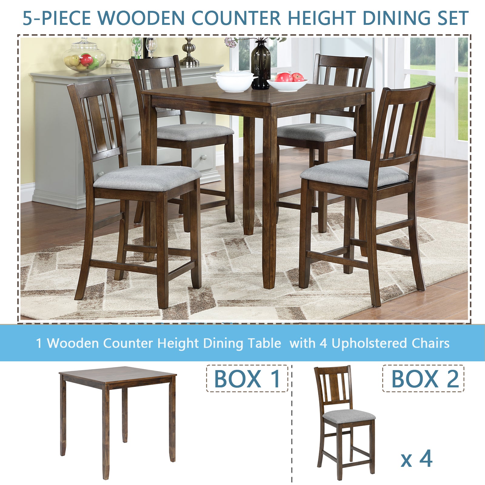 5 Piece Dining Table Set, Wooden Dining Square Table Set for 4, Counter Height Kitchen Table Set with Square Table and 4 Upholstered Chairs for Small Space, Walnut