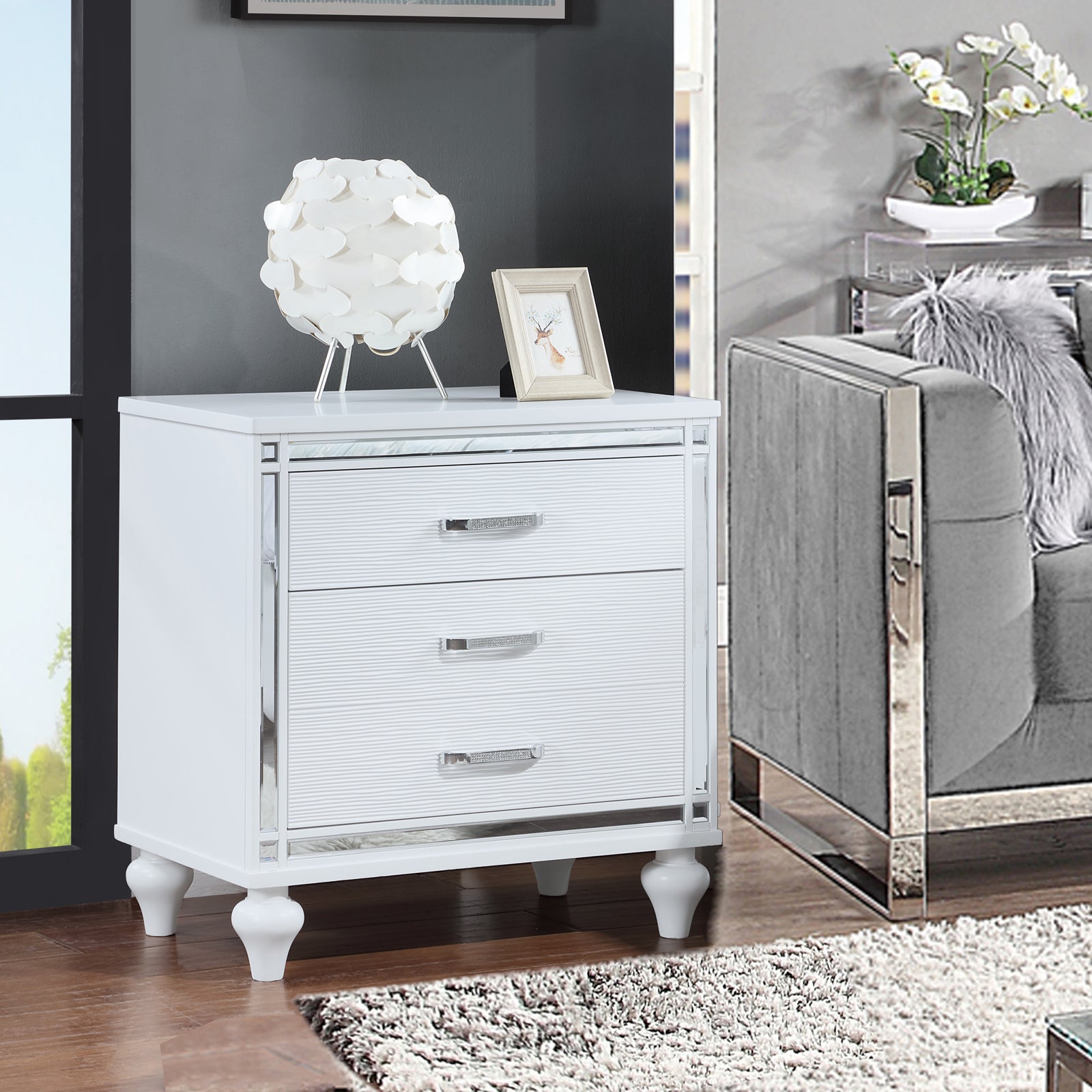 Contemporary Nightstands with mirror frame accents, Bedside Table with two drawers and one hidden drawer, End Table with Crystal Pull for Living Room,Bedroom, White