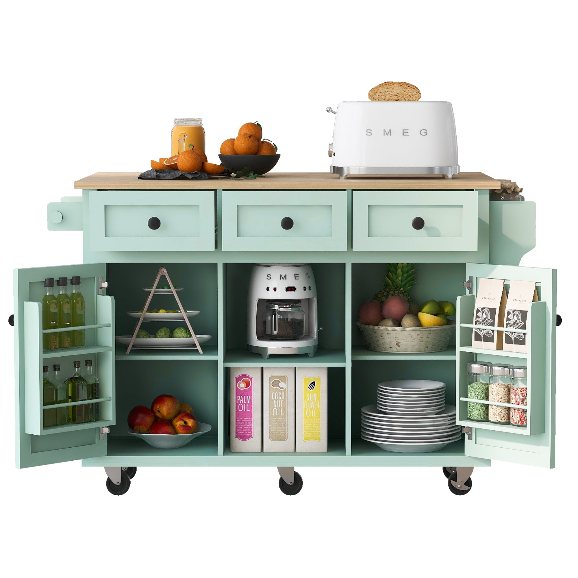 Kitchen Cart with Rubber wood Drop-Leaf Countertop for Dinning Room, Mint Green