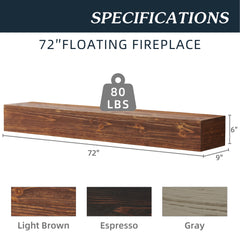 72" Rustic Wood Floating Fireplace Mantel Shelf – Wall-Mounted