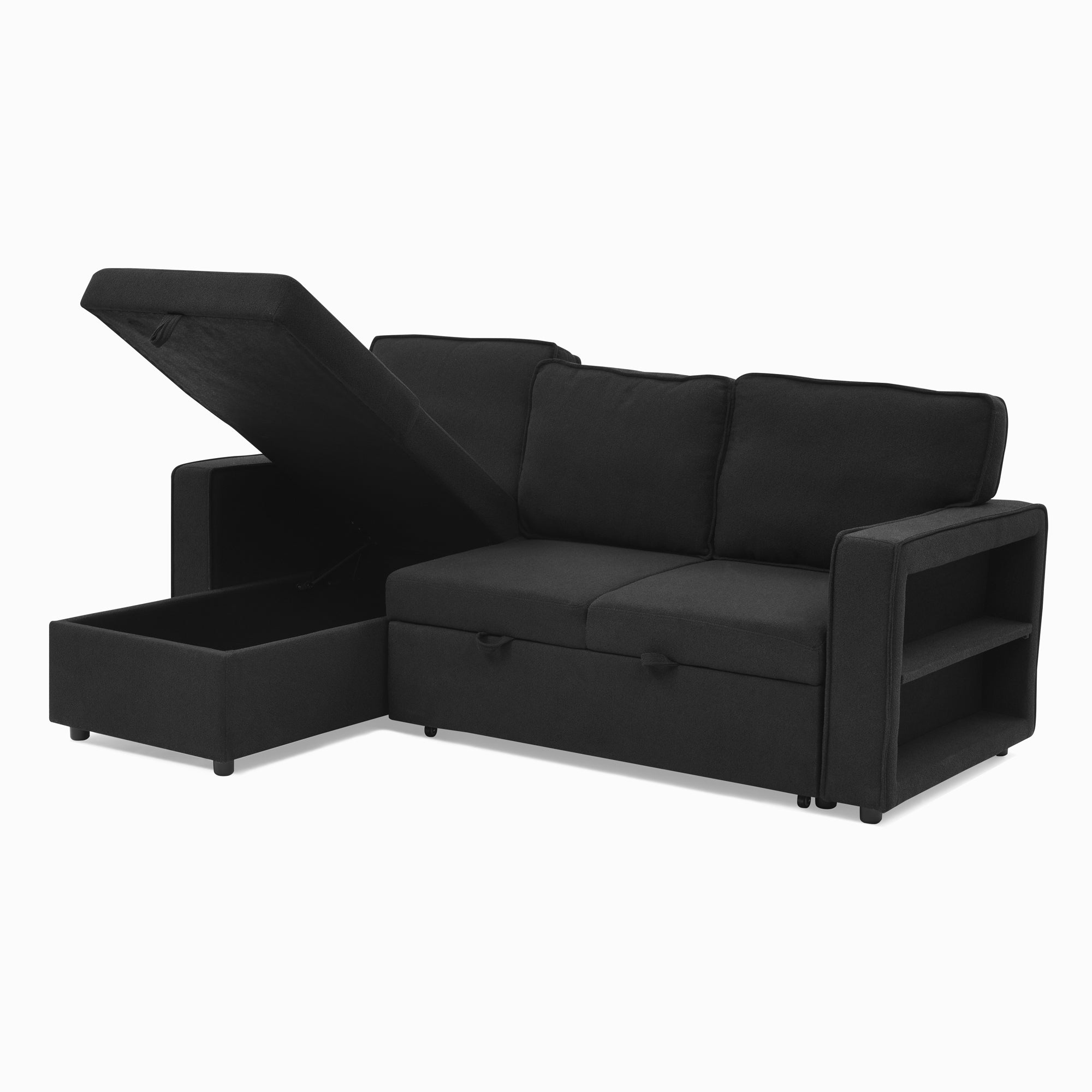 Linen Upholstered Sleeper Sectional Sofa, Shaped Modular Convertible Sofa with Storage Chaise,There are two cup holders in the middle and USB multi-interface function,Pull Out Sleep Couch Bed ,Black