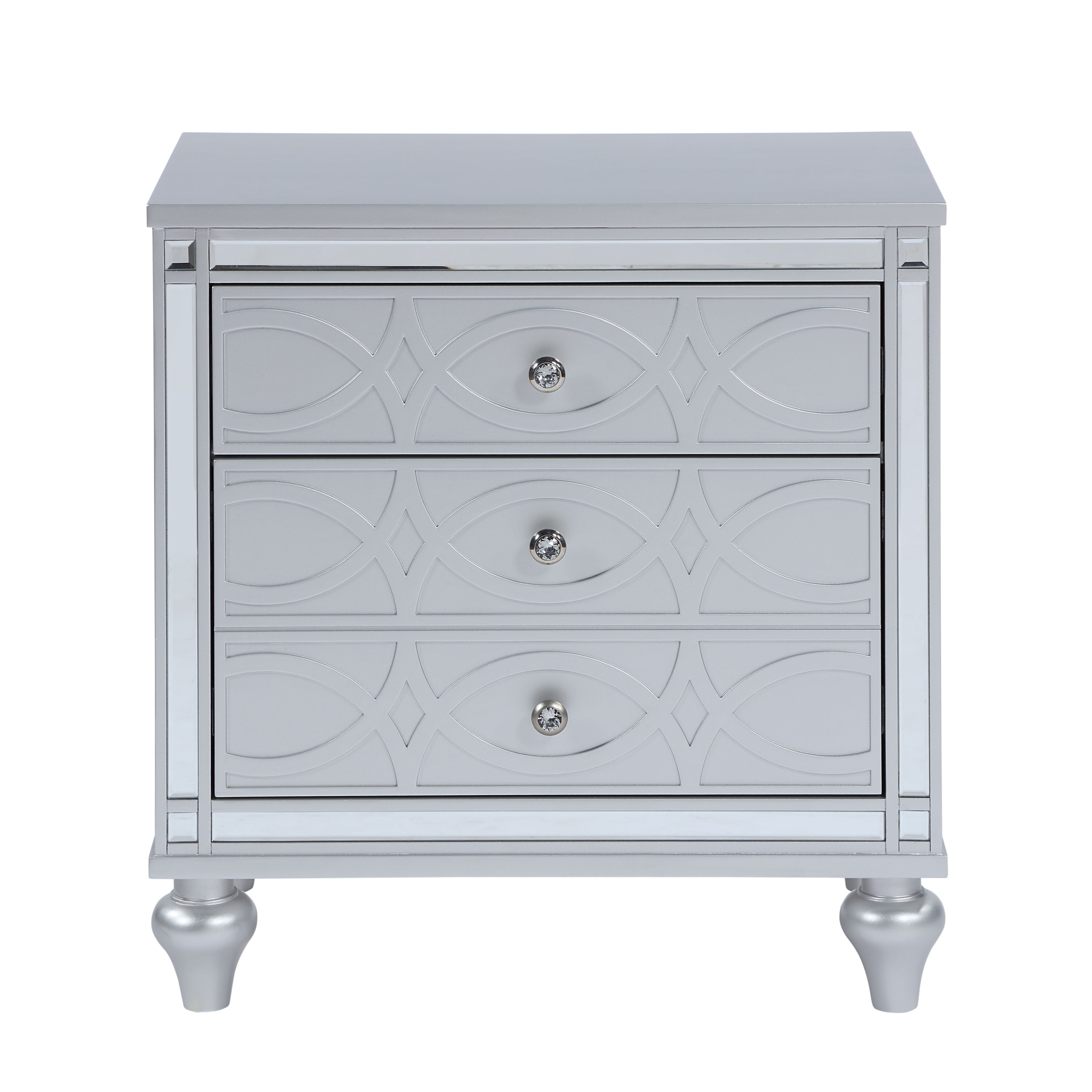 Contemporary Nightstands with mirror frame accents, Bedside Table with two drawers and one hidden drawer, End Table with Crystal Pull for Living Room,Bedroom, Silver