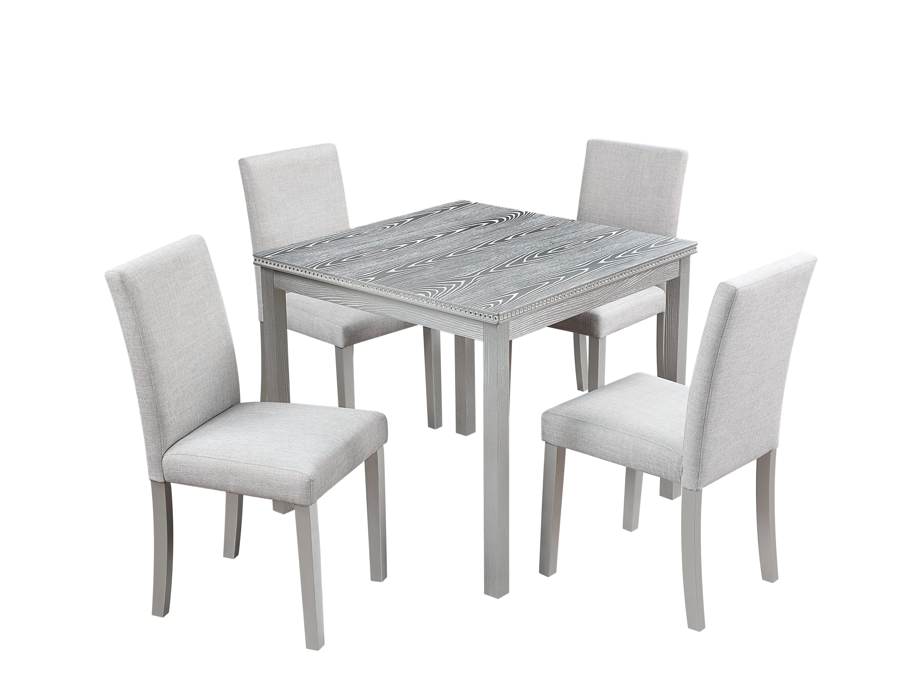 5 Piece Wooden Dining Table Set, Kitchen Table Set with a Square Table and 4 Upholstered Chairs, Wooden Dining Room Table with Crystal Decoration and Chairs Set for Kitchen, Dining Room, Silver grey