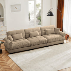 Extra-Large 3-Seater Modern Velvet Sofa, Oversized Cloud-Like Comfort with Waist and Throw Pillows, Camel