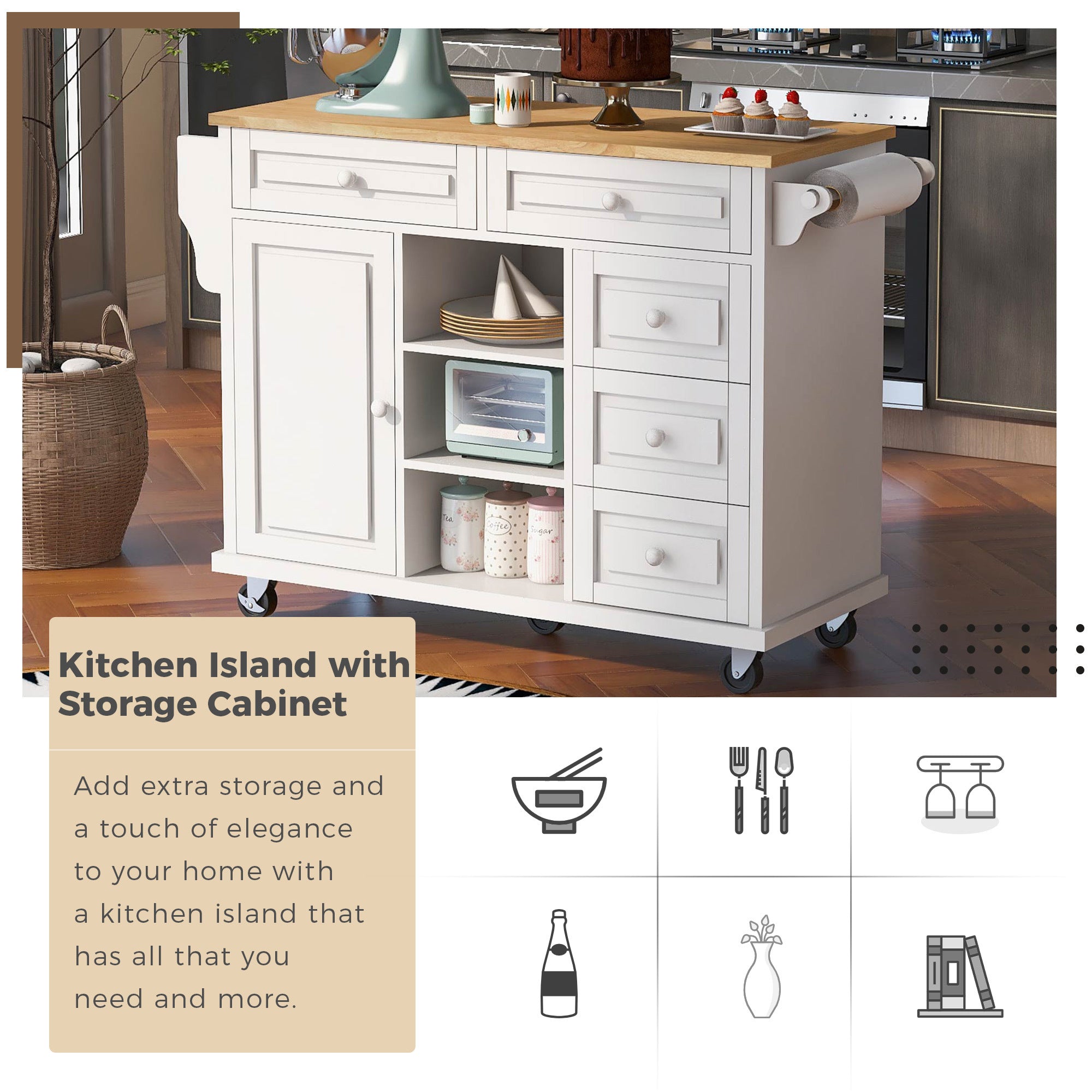 53" Kitchen cart with Rubber wood desktop rolling mobile kitchen island with storage and 5 draws, White