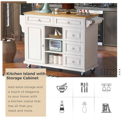 53" Kitchen cart with Rubber wood desktop rolling mobile kitchen island with storage and 5 draws, White