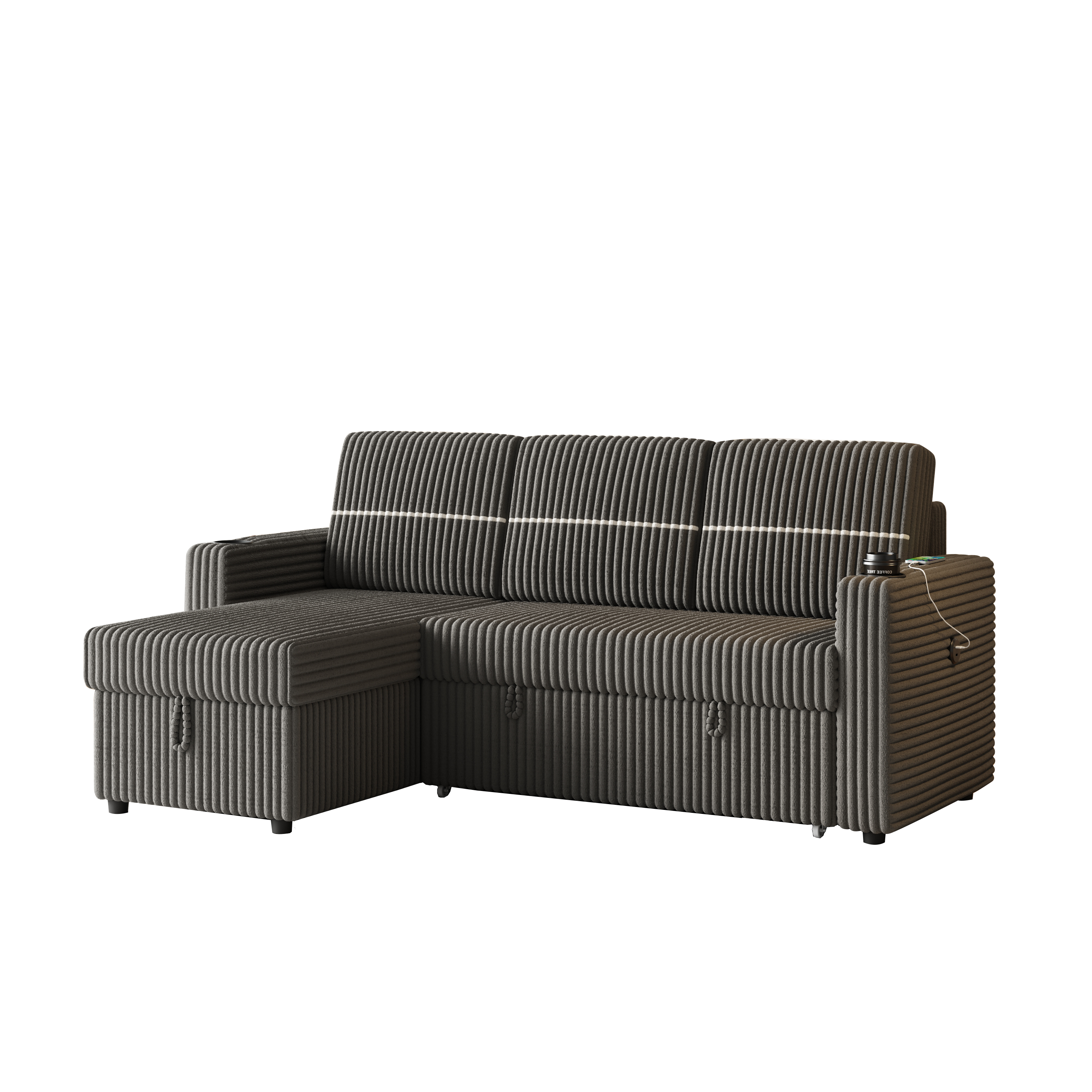 85 Inches Corduroy Sofa Bed, 3 Seater Sleeper Sofa with Storage Chaise, Square Handrail With Two Cup-holder And USB Charge Port, Pull Out Couch for Living Room