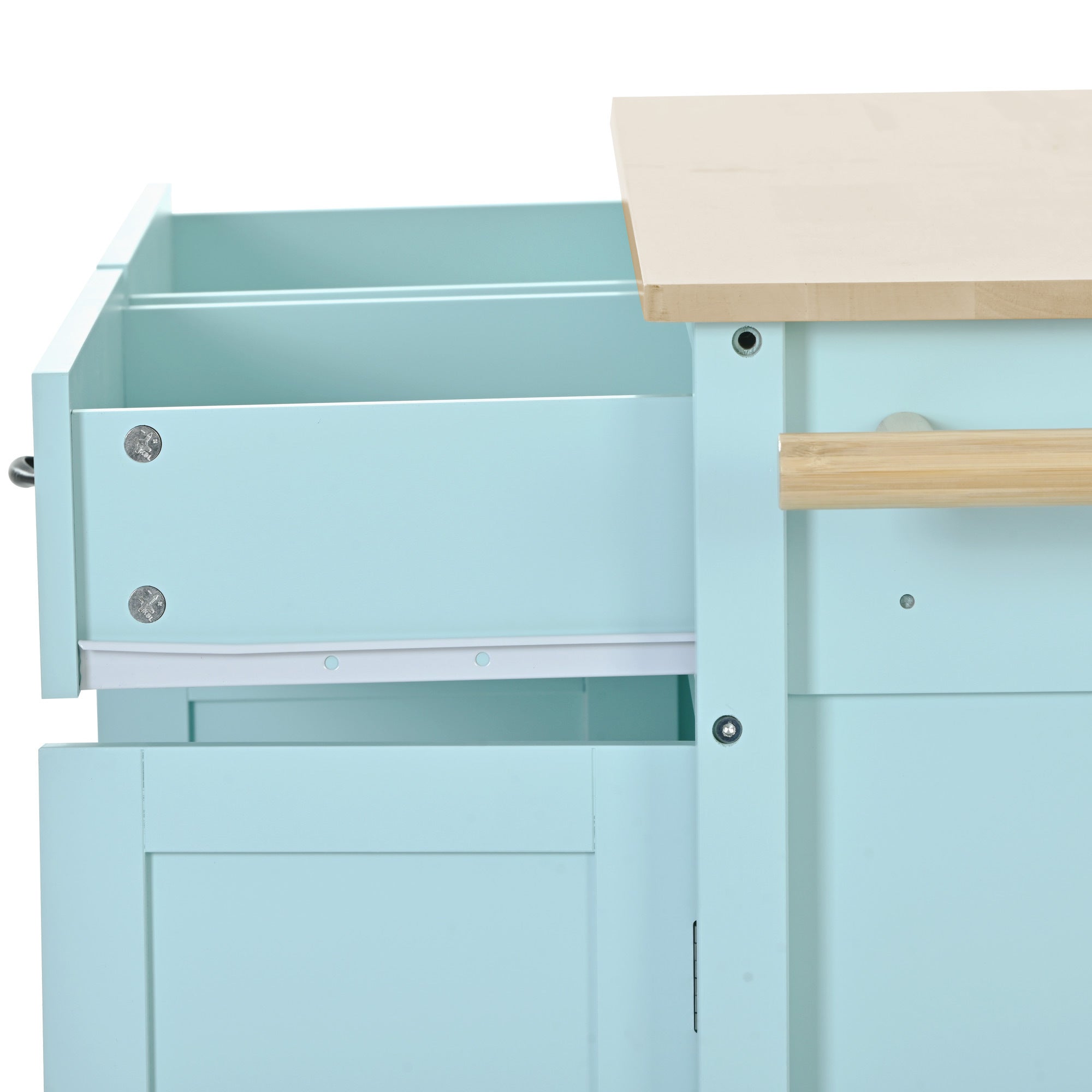 Kitchen Island Cart with 4 Door Cabinet and Two Drawers and 2 Locking Wheels - Solid Wood Top, Adjustable Shelves, Spice & Towel Rack Mint Green