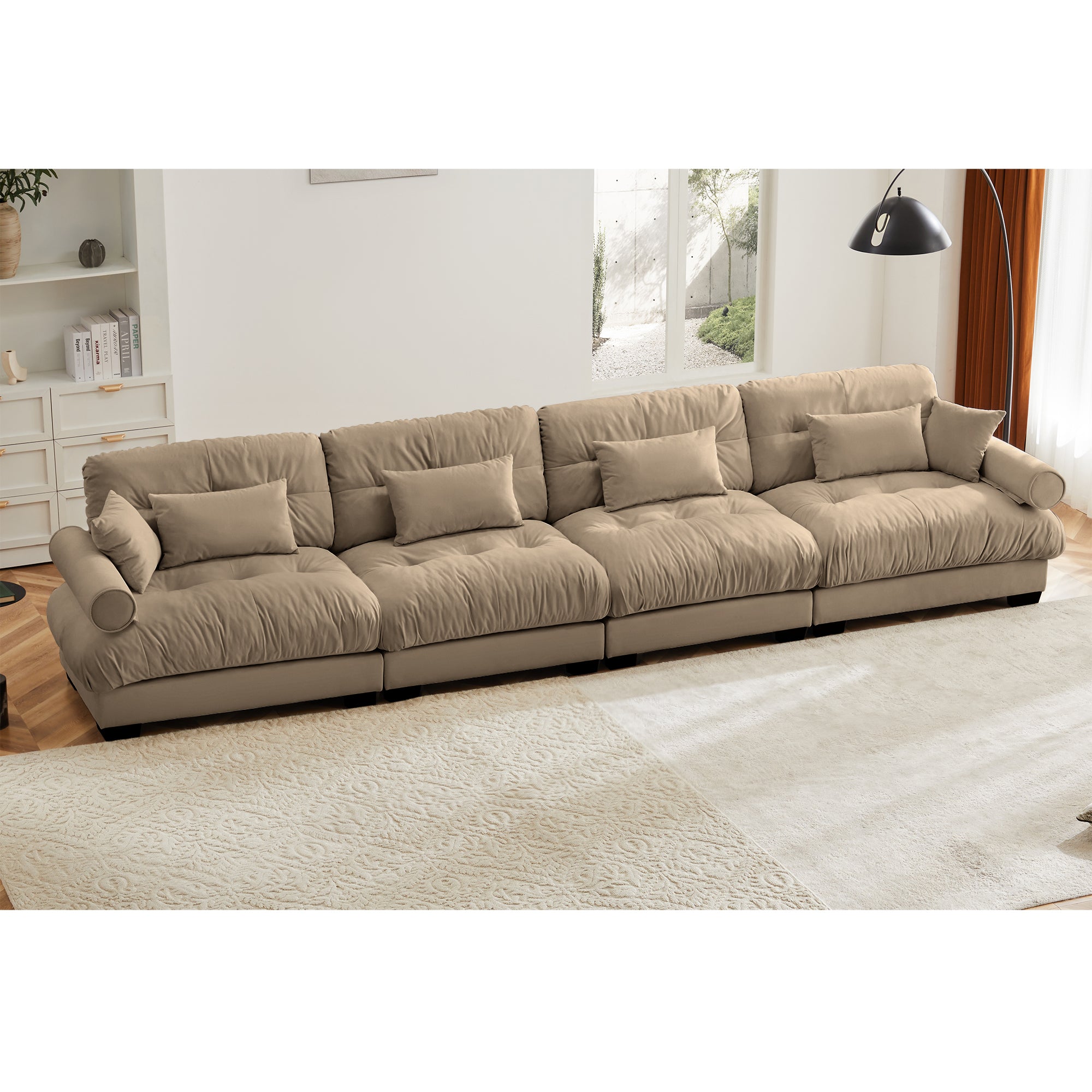 Oversized 4-Seater Velvet Sectional Sofa with Ottoman, Deep Seat Cloud Couch for Living Room, Camel