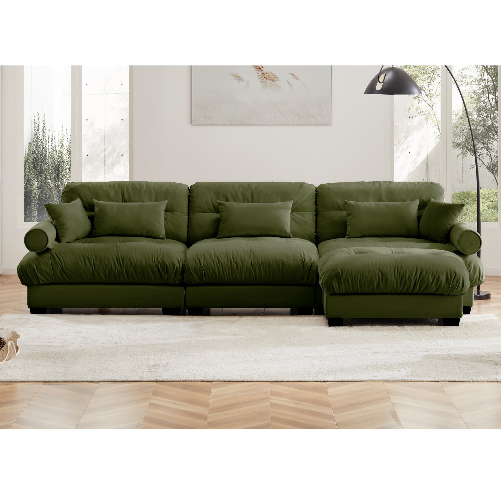 Oversized Modular Velvet Sectional Sofa with Ottoman, Deep Seat L-Shaped Cloud Couch for Living Room, Olive green