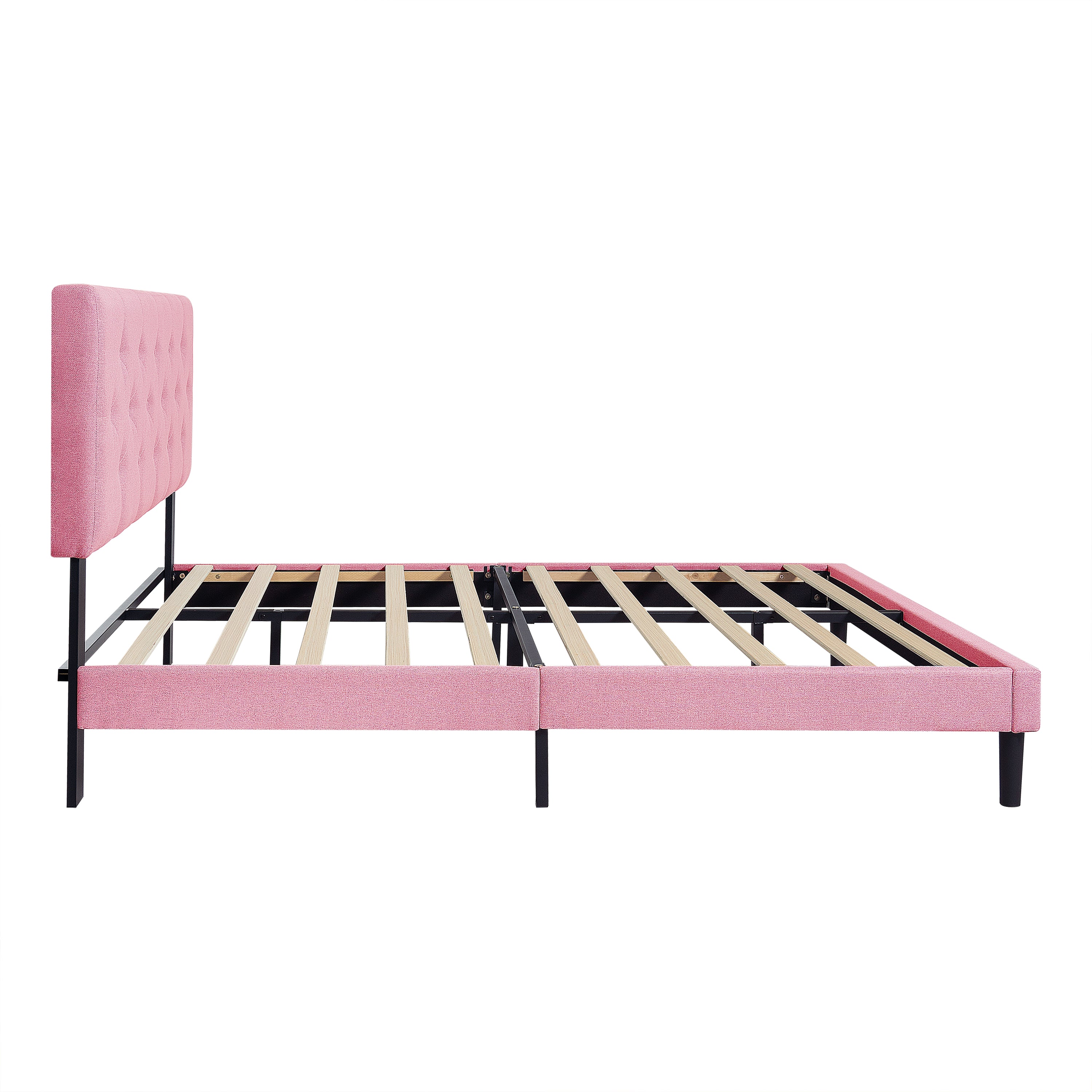 Full Size Upholstered Platform Bed Frame with Modern Button Tufted Linen Fabric Headboard, No Box Spring Needed, Wood Slat Support, Easy Assembly, pink