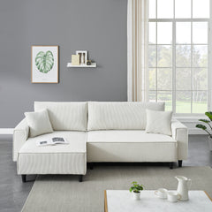 93" Beige Corduroy Sofa Bed with Two Pillows - Sectional L-Shaped Sofa with Storage for Living Room