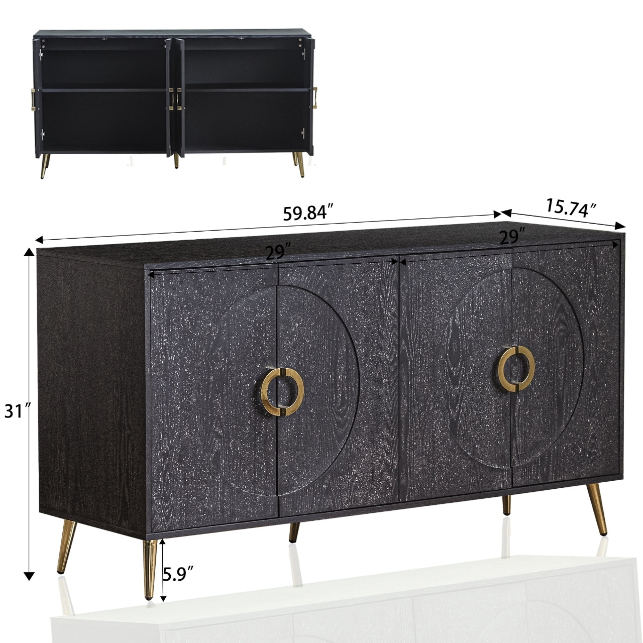 Modern Lacquered 4 Door Wooden Cabinet Sideboard Buffet Server Cabinet Storage Cabinet, for Living Room, Entryway, Hallway, Office, Kitchen and Dining Room, Distressed Black