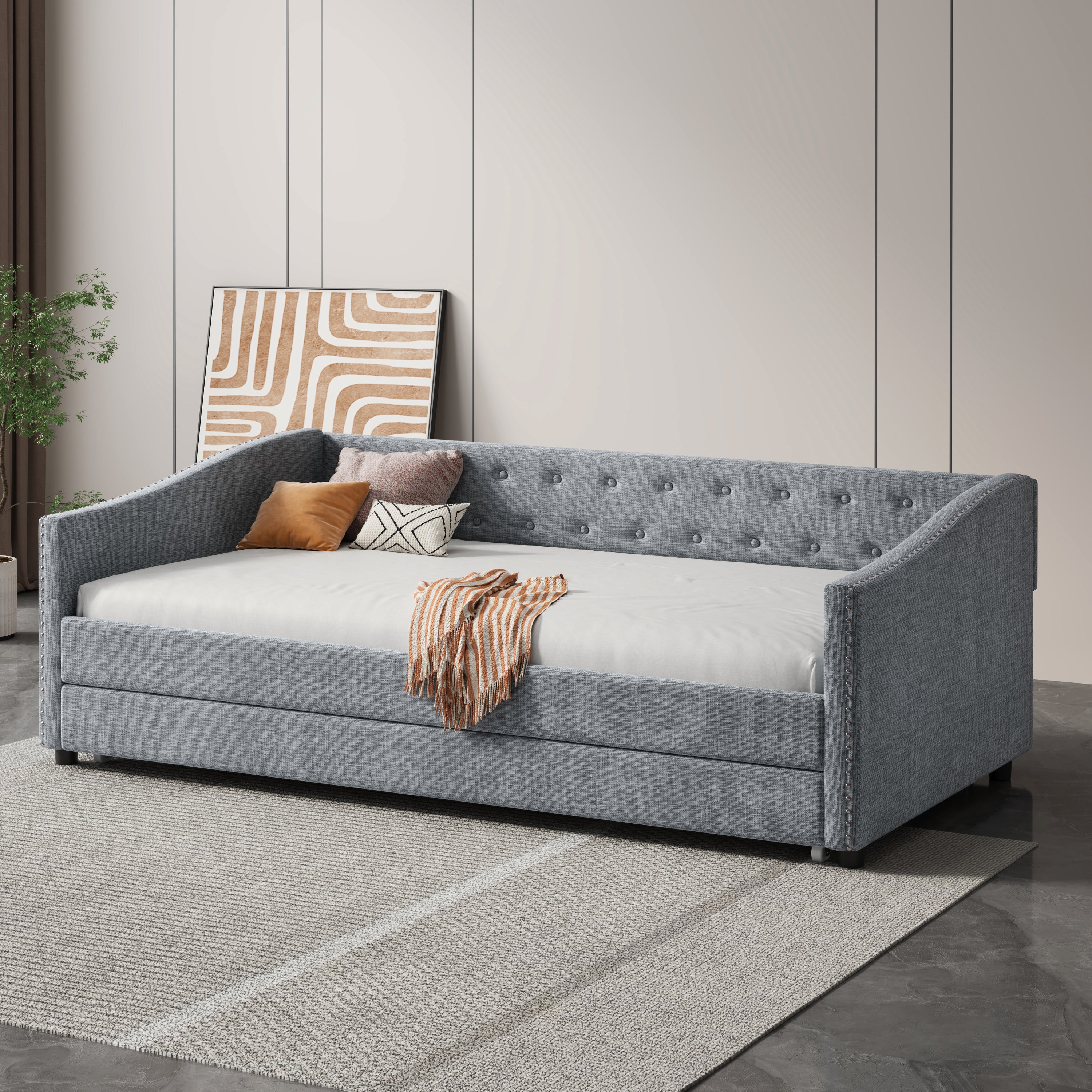 Twin Size Daybed with Twin Size Trundle Upholstered Tufted Sofa Bed, with Button on Back and Copper Nail on Waved Shape Arms-Light Grey